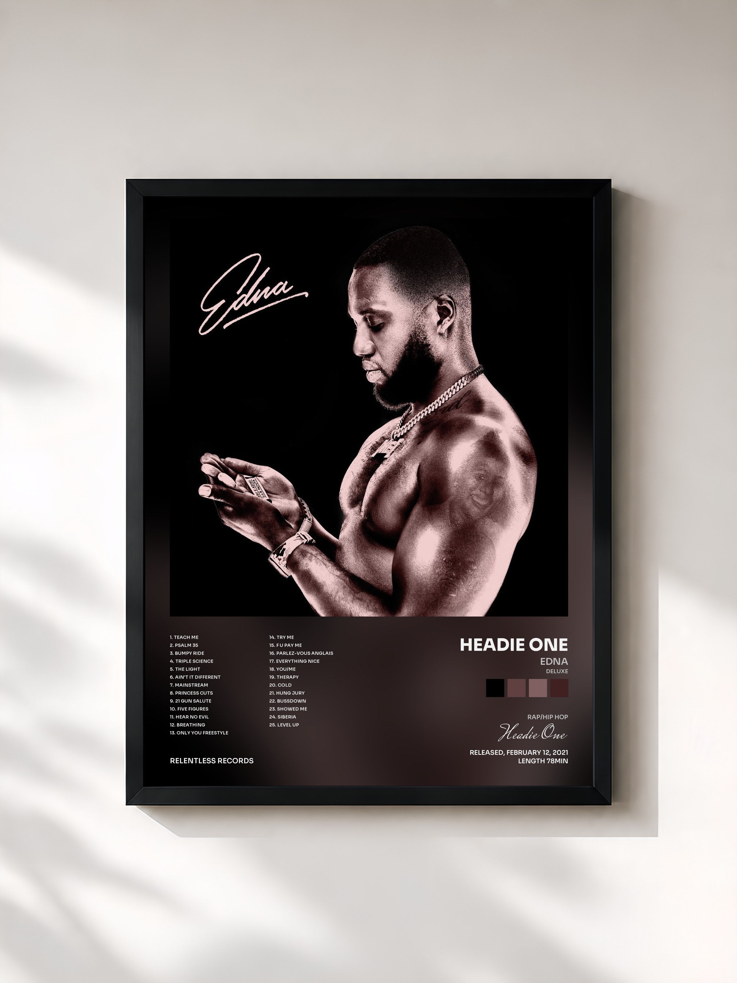 #noir Tableau de l'album EDNA (Deluxe) de Headie One, cadre noir, imprimé et encadré en France