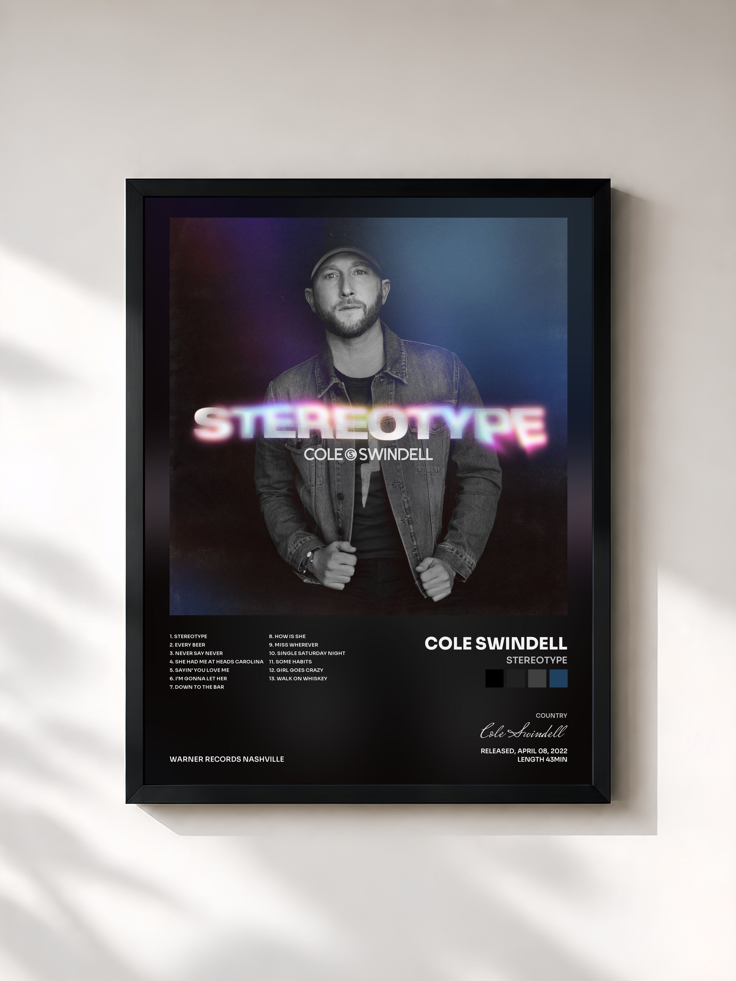 #noir Tableau de l'album Stereotype de Cole Swindell, cadre noir, imprimé et encadré en France