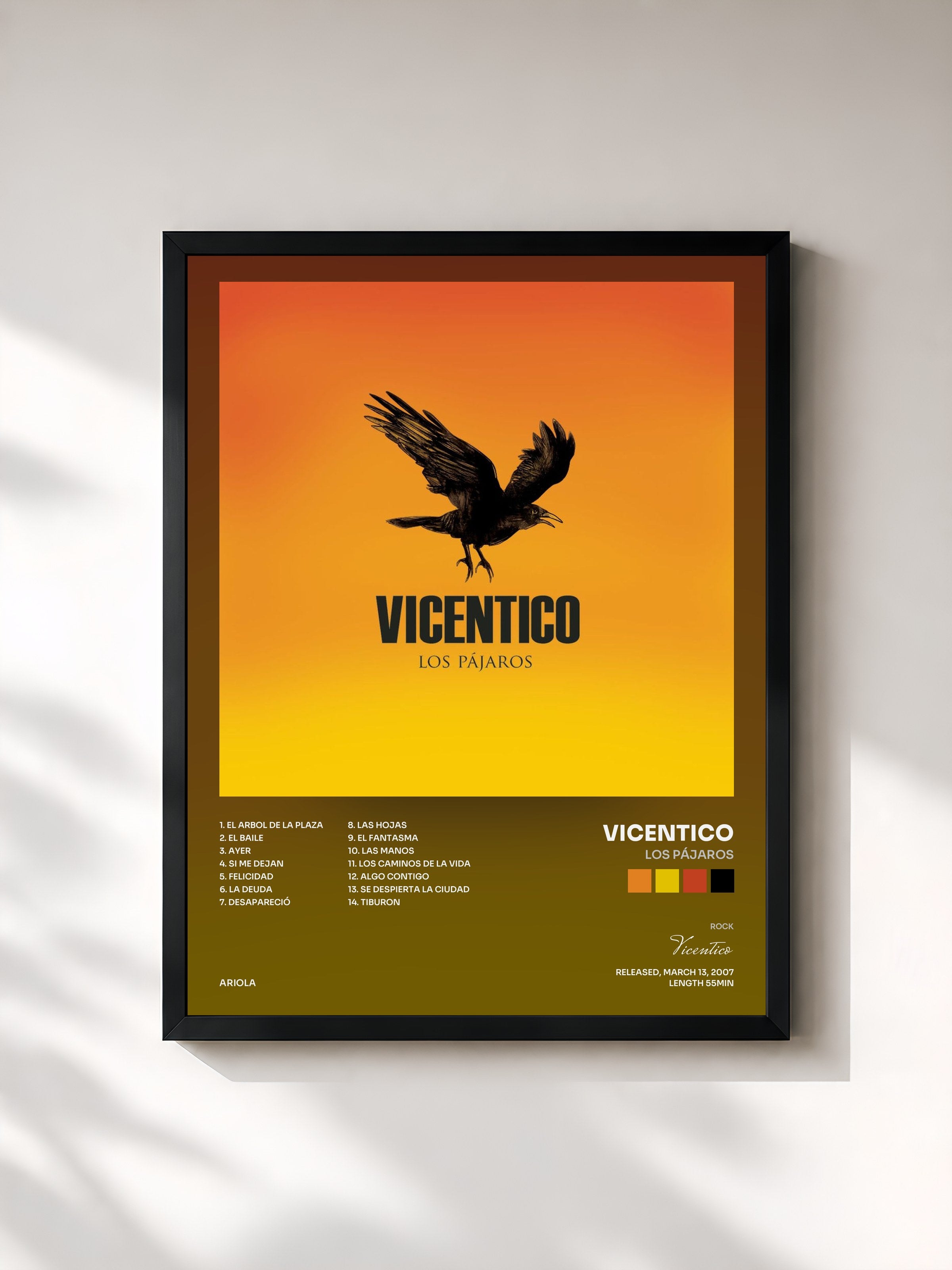 #noir Tableau de l'album Los Pájaros de Vicentico, cadre noir, imprimé et encadré en France