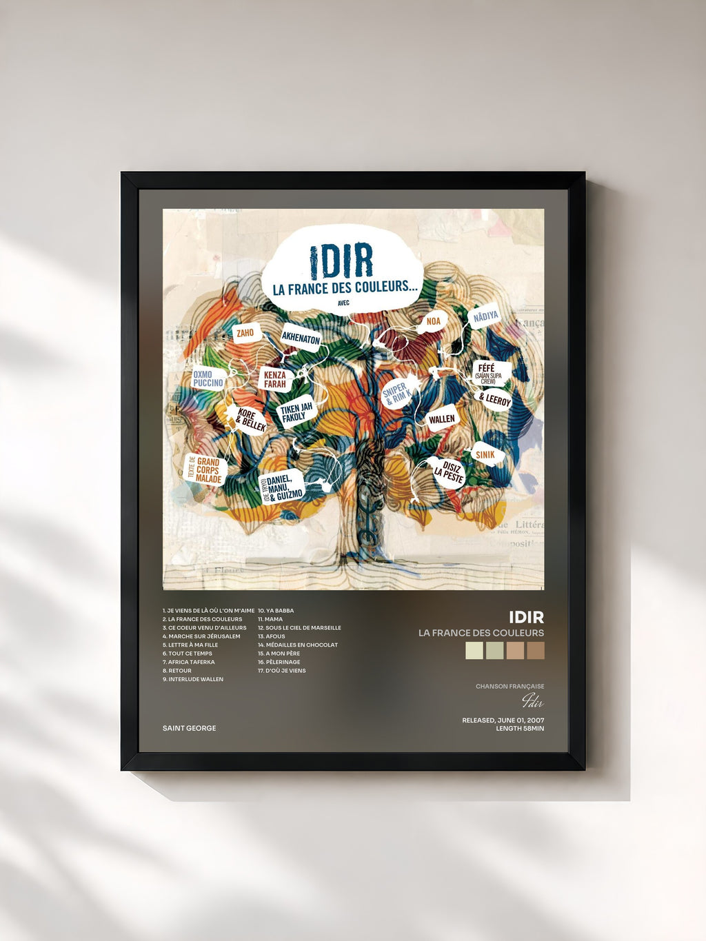 #noir Tableau de l'album La France des couleurs de Idir, cadre noir, imprimé et encadré en France