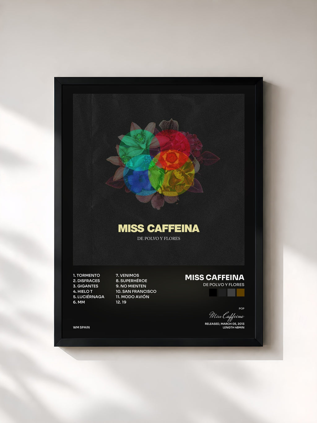 #noir Tableau de l'album De polvo y flores de Miss Caffeina, cadre noir, imprimé et encadré en France