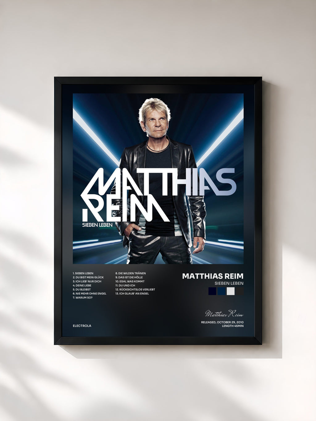 #noir Tableau de l'album Sieben Leben de Matthias Reim, cadre noir, imprimé et encadré en France