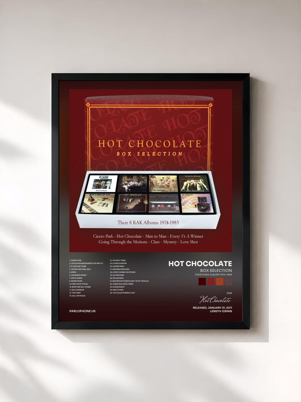#noir Tableau de l'album Box Selection (Their 8 RAK Albums 1974-1983) de Hot Chocolate, cadre noir, imprimé et encadré en France