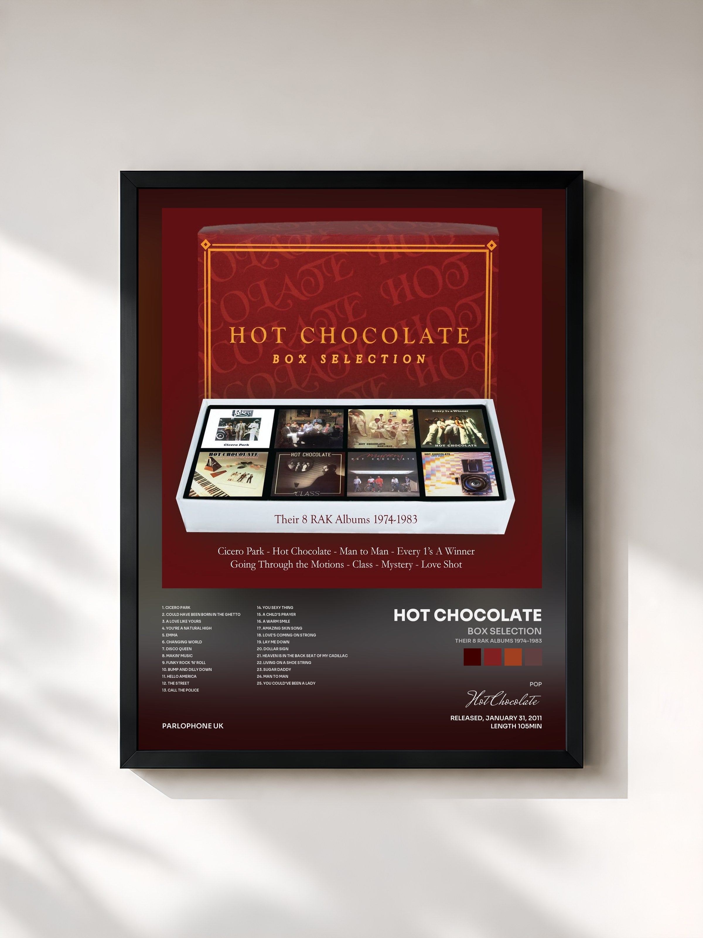 #noir Tableau de l'album Box Selection (Their 8 RAK Albums 1974-1983) de Hot Chocolate, cadre noir, imprimé et encadré en France