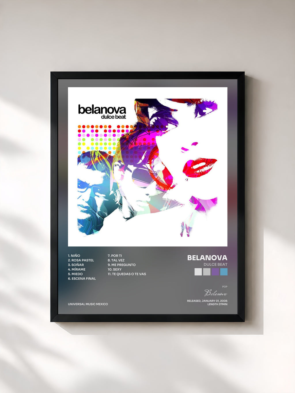 #noir Tableau de l'album Dulce Beat de Belanova, cadre noir, imprimé et encadré en France