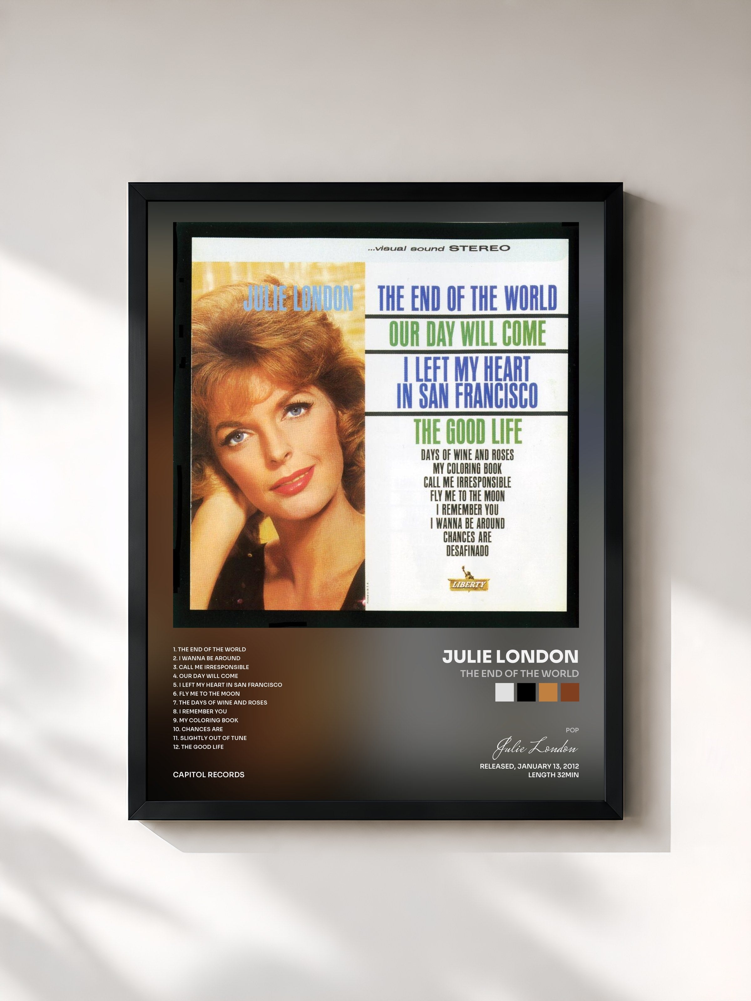 #noir Tableau de l'album The End Of The World de Julie London, cadre noir, imprimé et encadré en France