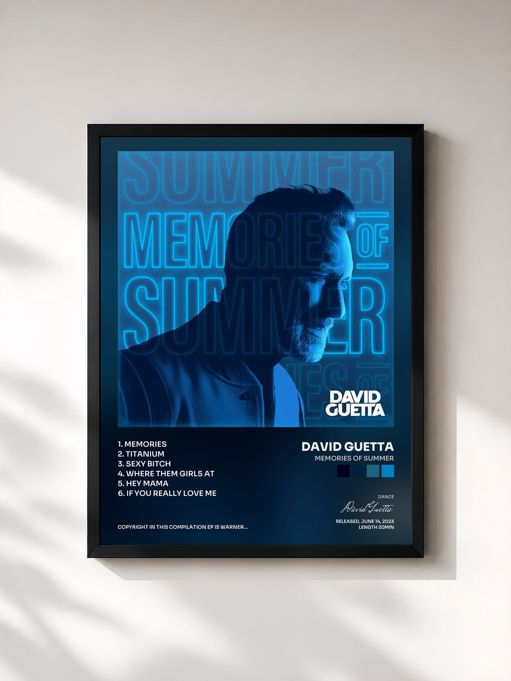 #noir Tableau de l'album Memories of Summer de David Guetta, cadre noir, imprimé et encadré en France