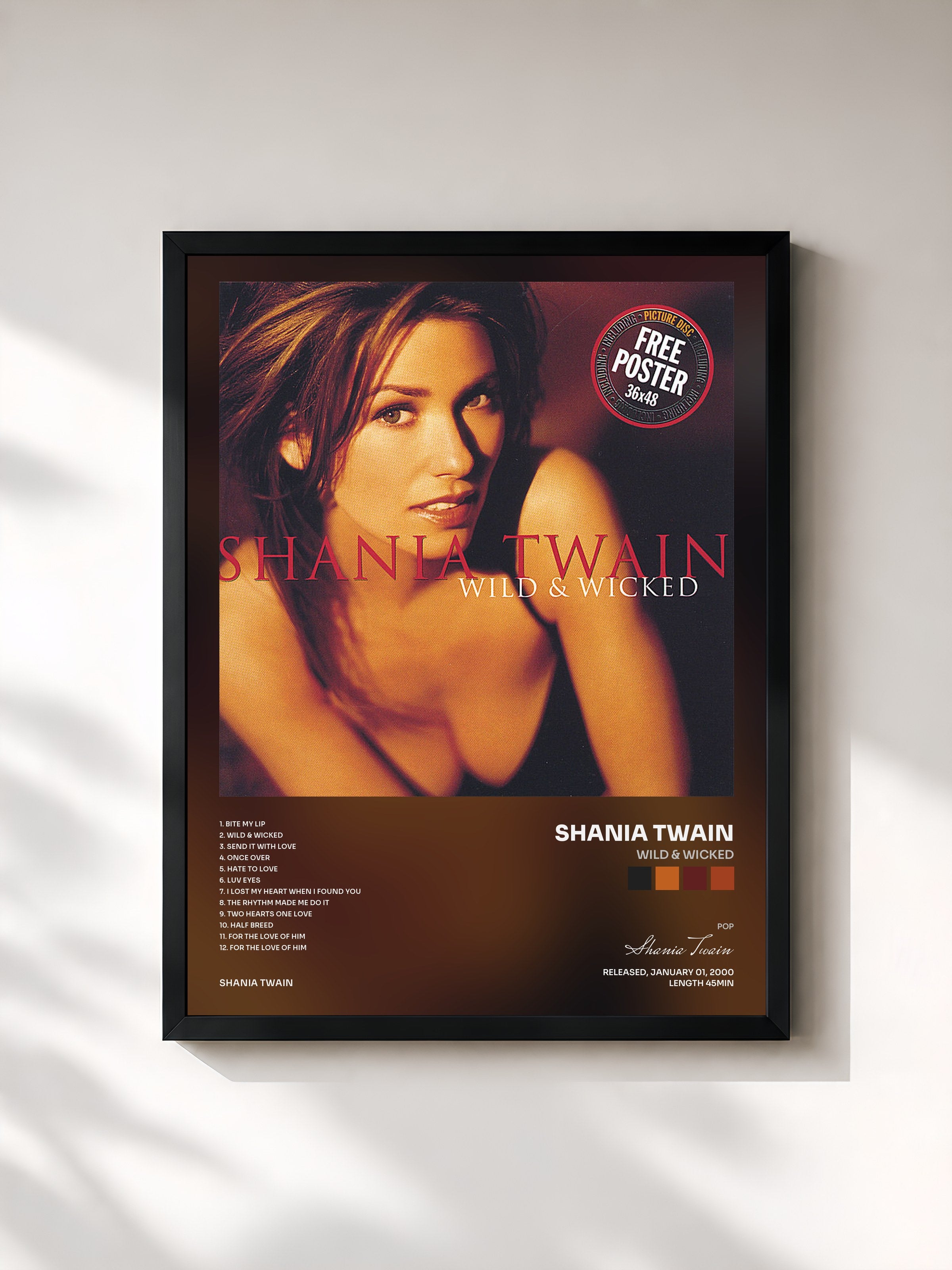 #noir Tableau de l'album Wild & Wicked de Shania Twain, cadre noir, imprimé et encadré en France