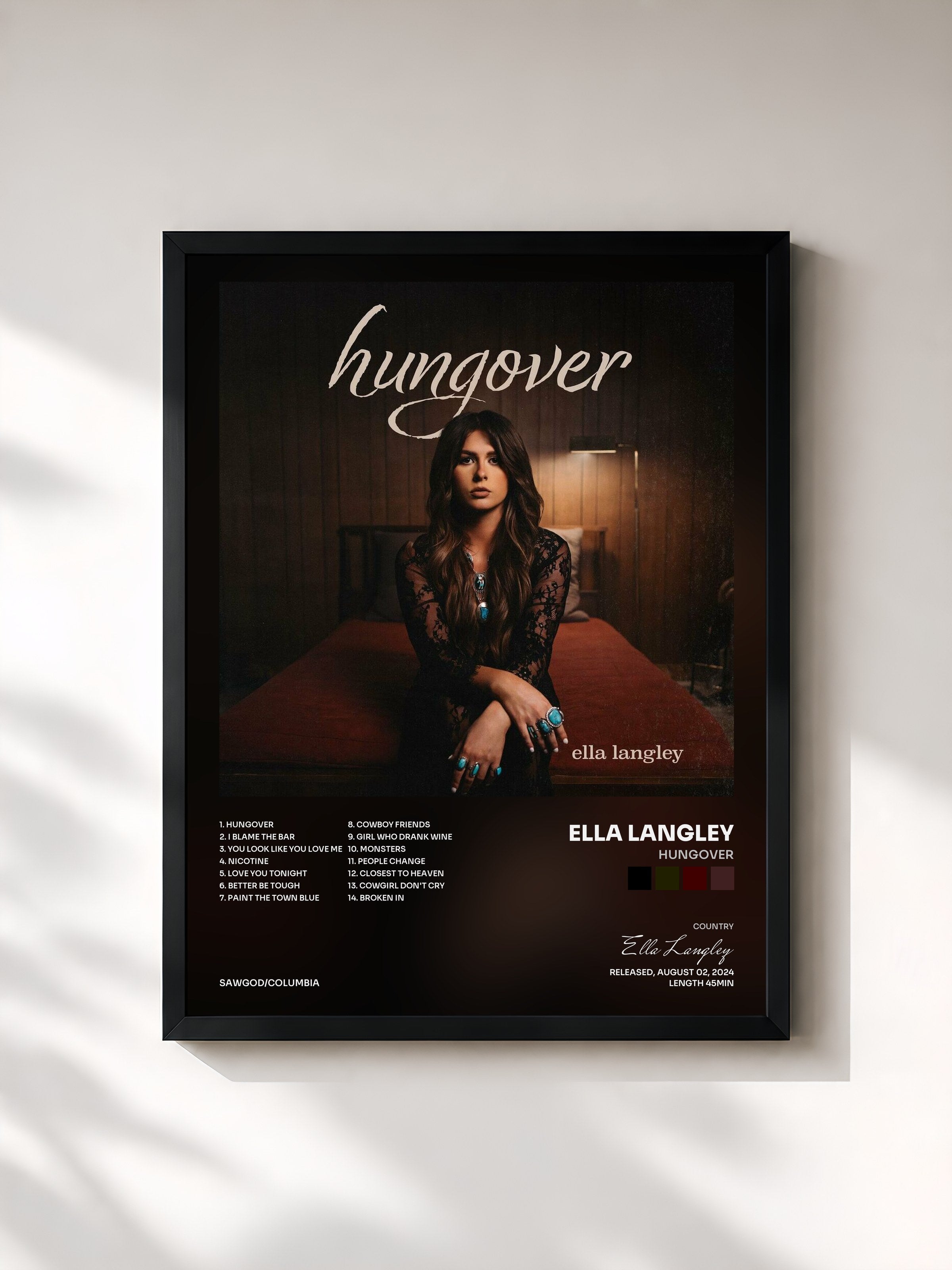 #noir Tableau de l'album hungover de Ella Langley, cadre noir, imprimé et encadré en France