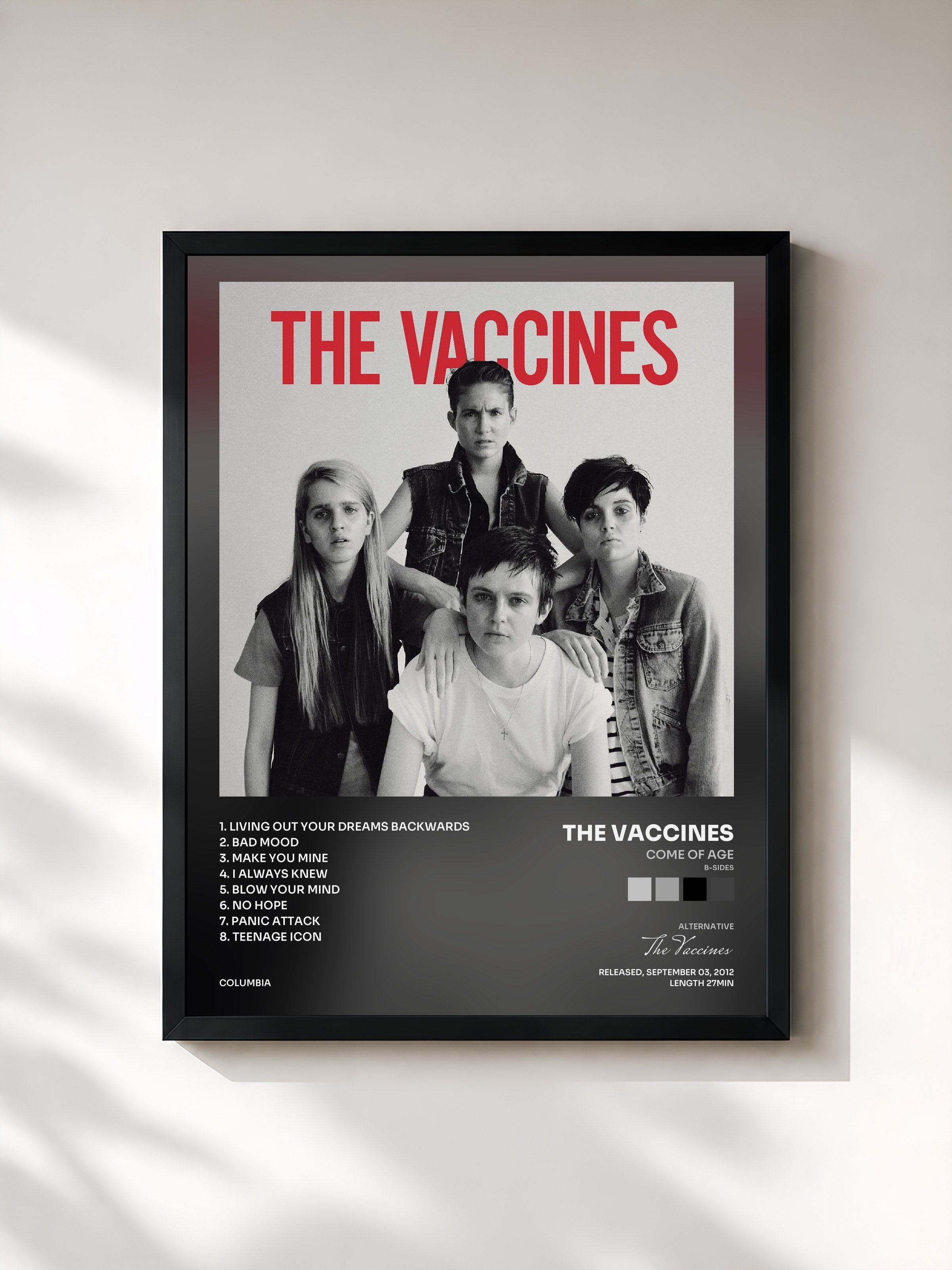 #noir Tableau de l'album Come Of Age (B-Sides) de The Vaccines, cadre noir, imprimé et encadré en France