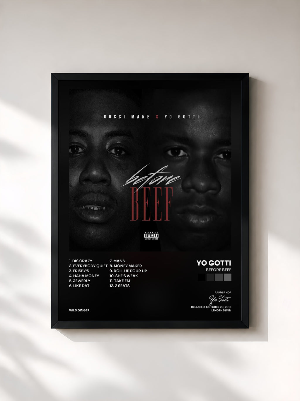 #noir Tableau de l'album Before Beef de Yo Gotti, cadre noir, imprimé et encadré en France