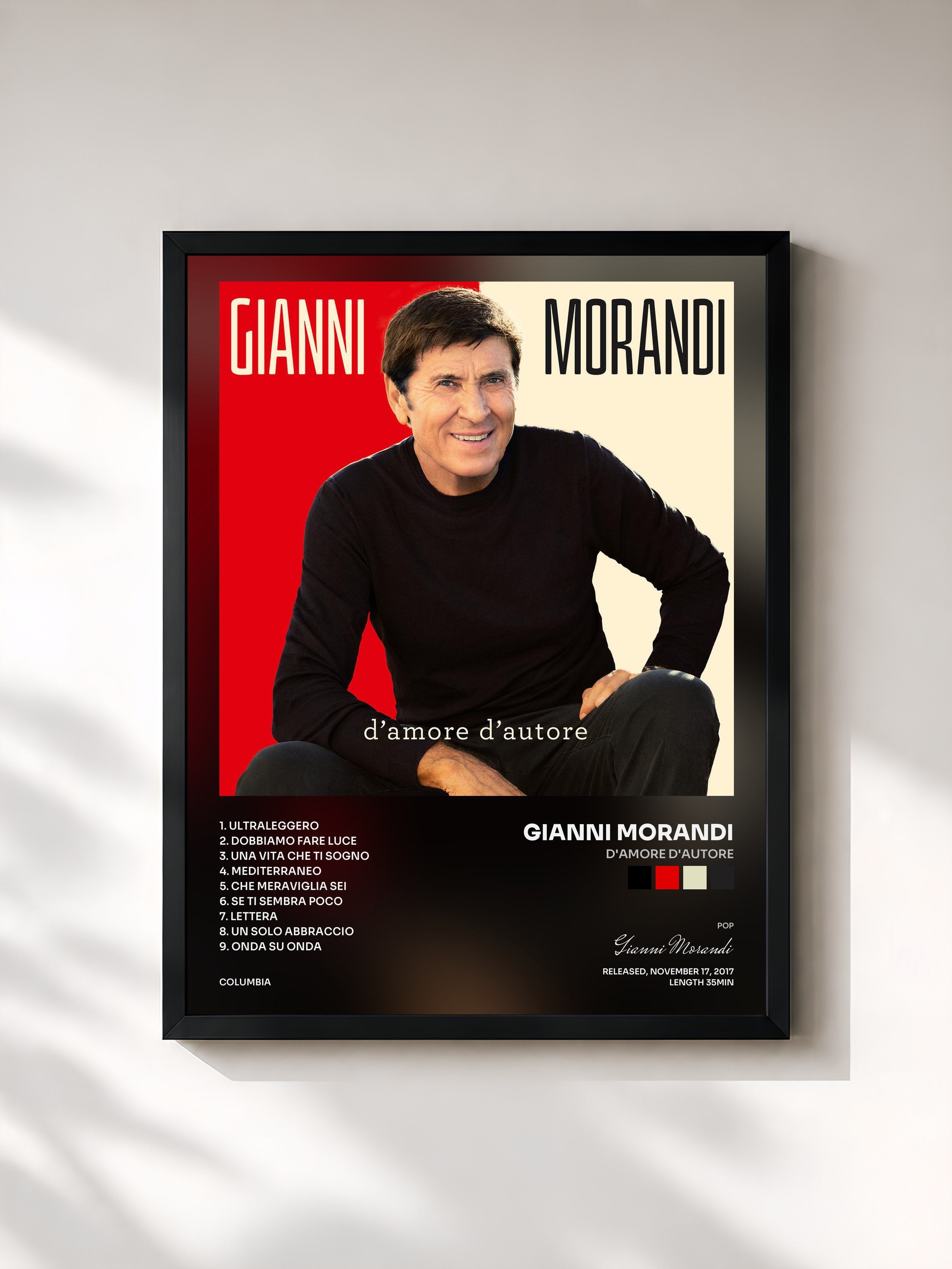 #noir Tableau de l'album d'amore d'autore de Gianni Morandi, cadre noir, imprimé et encadré en France