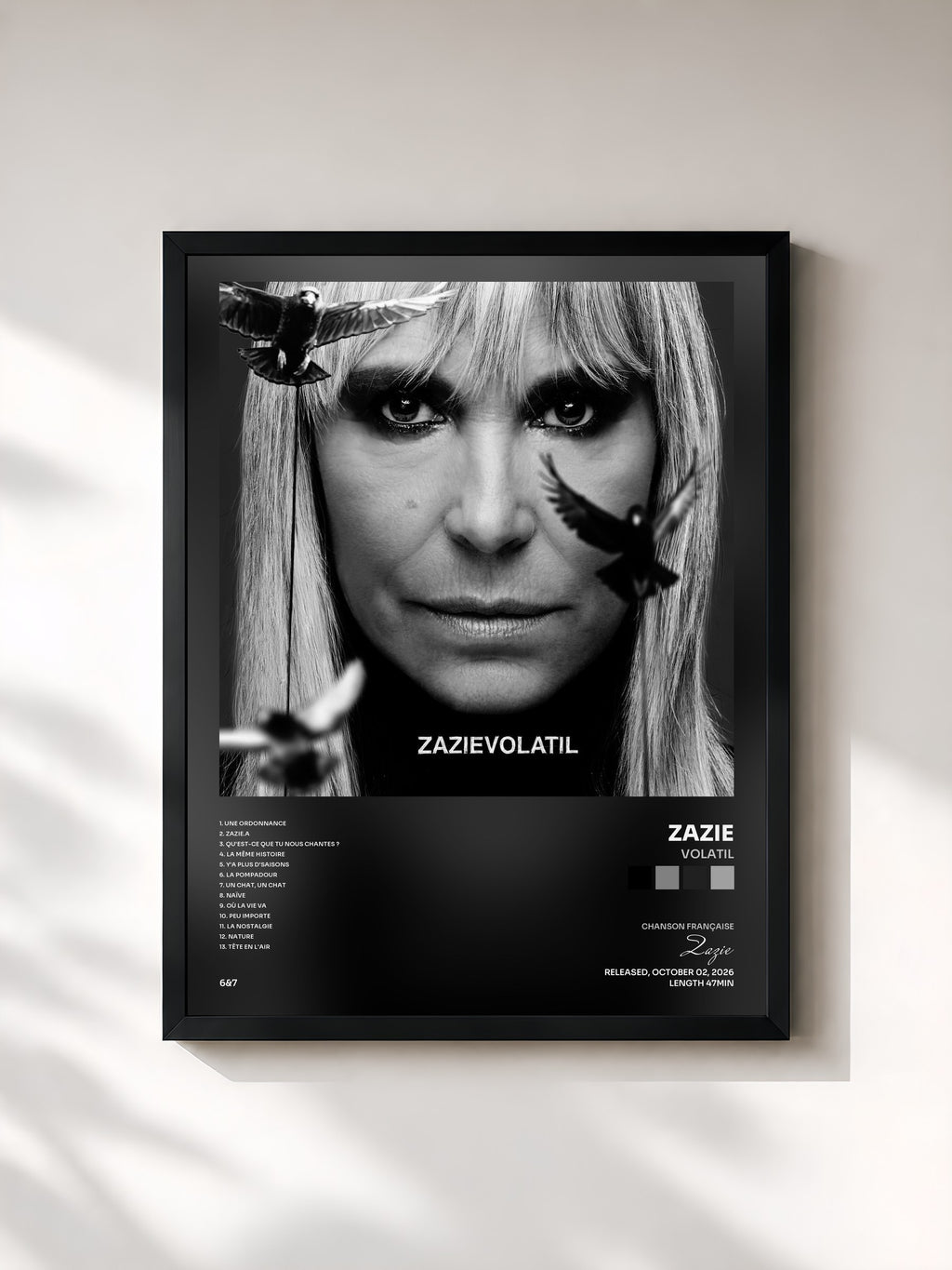 #noir Tableau de l'album Volatil de Zazie, cadre noir, imprimé et encadré en France