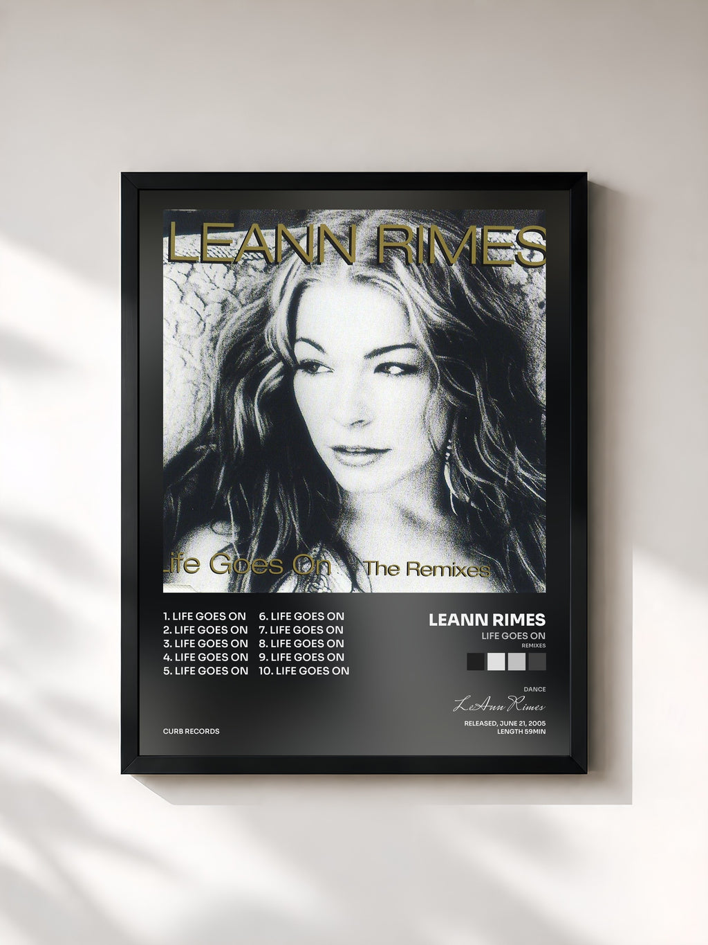 #noir Tableau de l'album Life Goes On (Remixes) de LeAnn Rimes, cadre noir, imprimé et encadré en France