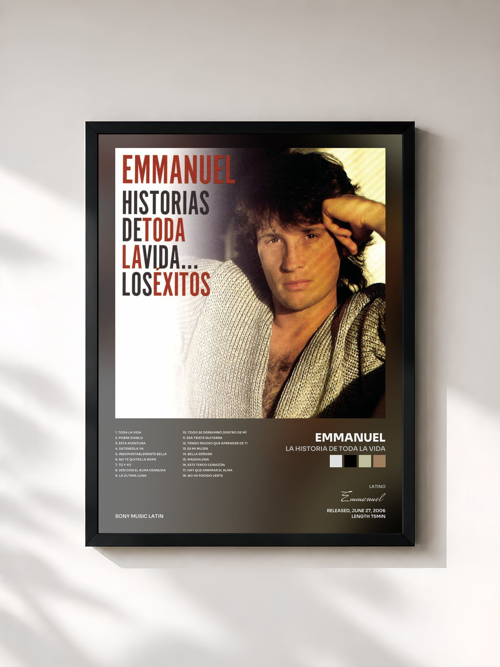 #noir Tableau de l'album La Historia De Toda La Vida de Emmanuel, cadre noir, imprimé et encadré en France