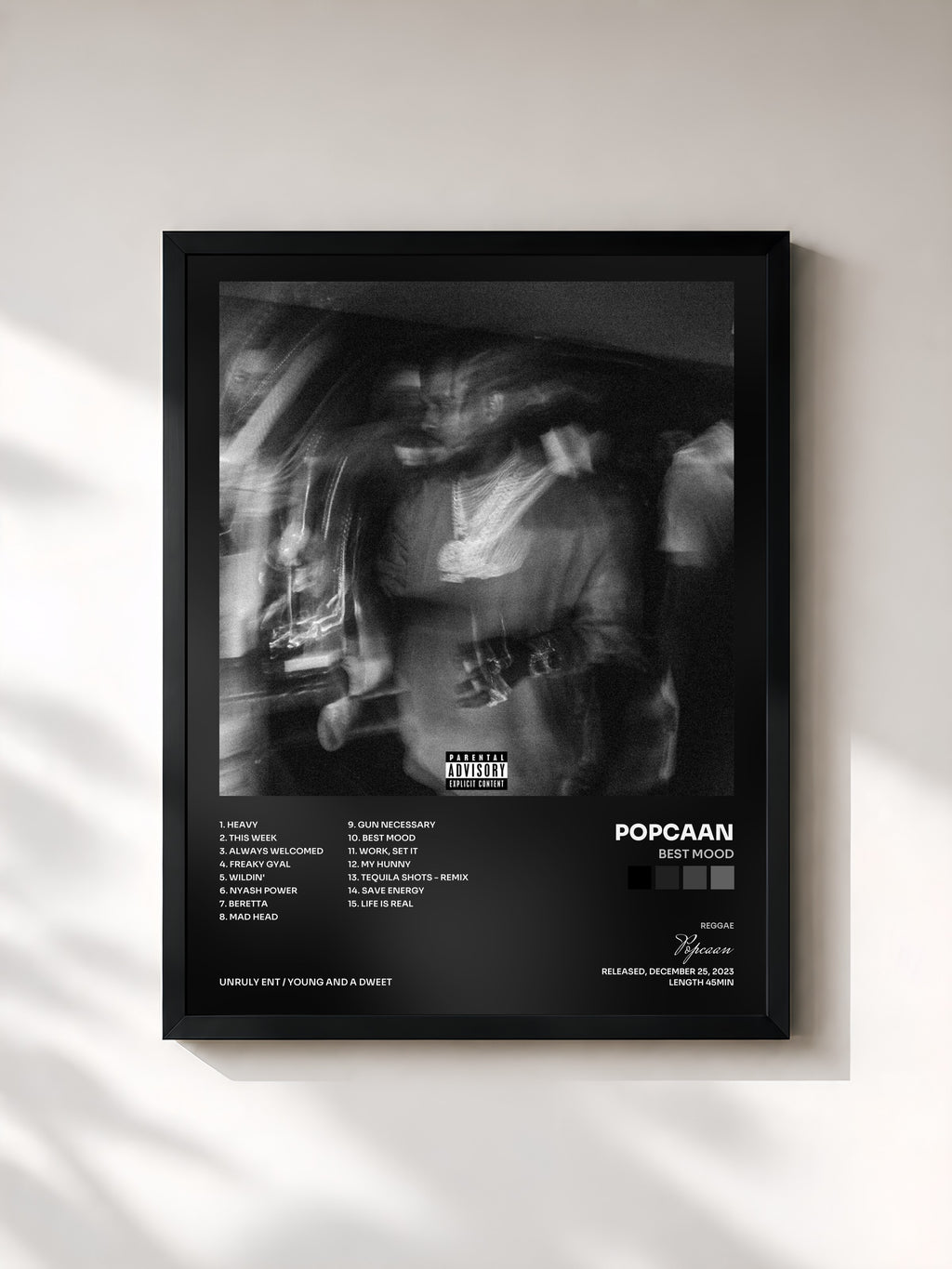 #noir Tableau de l'album Best Mood de Popcaan, cadre noir, imprimé et encadré en France