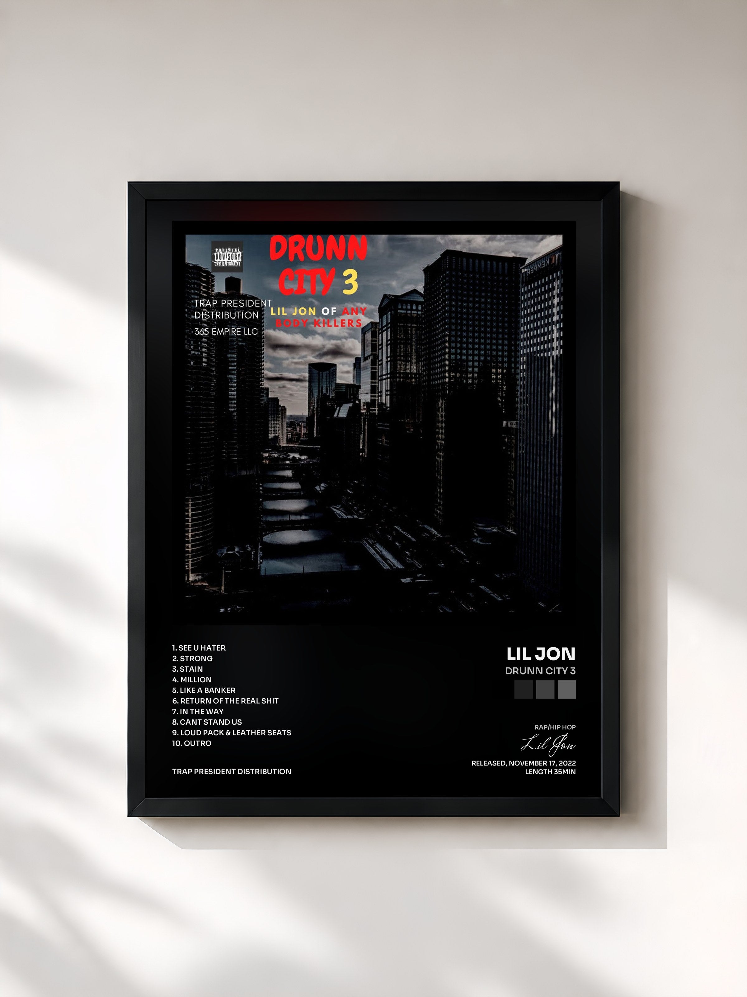 #noir Tableau de l'album Drunn City 3 de Lil Jon, cadre noir, imprimé et encadré en France