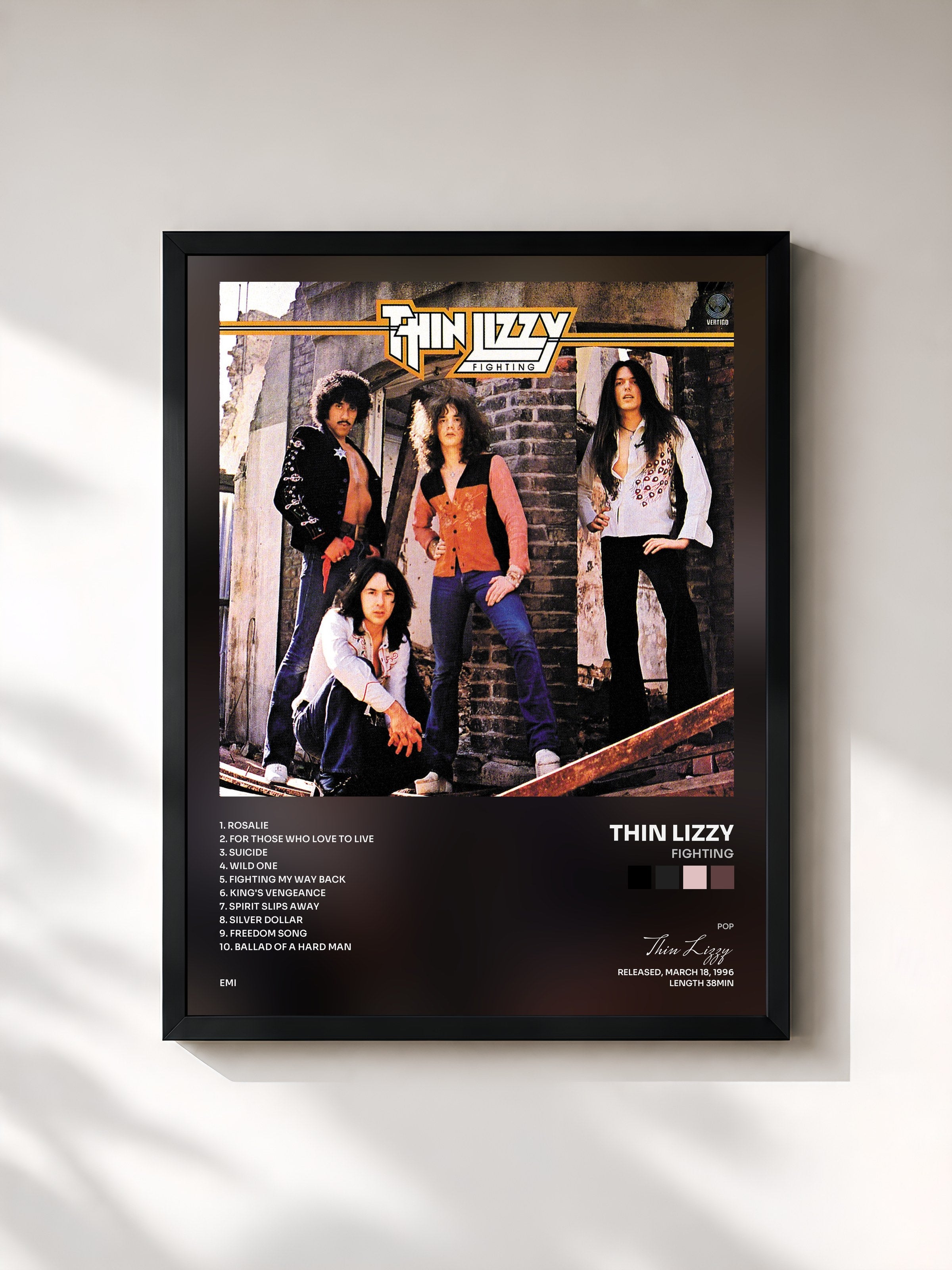#noir Tableau de l'album Fighting de Thin Lizzy, cadre noir, imprimé et encadré en France