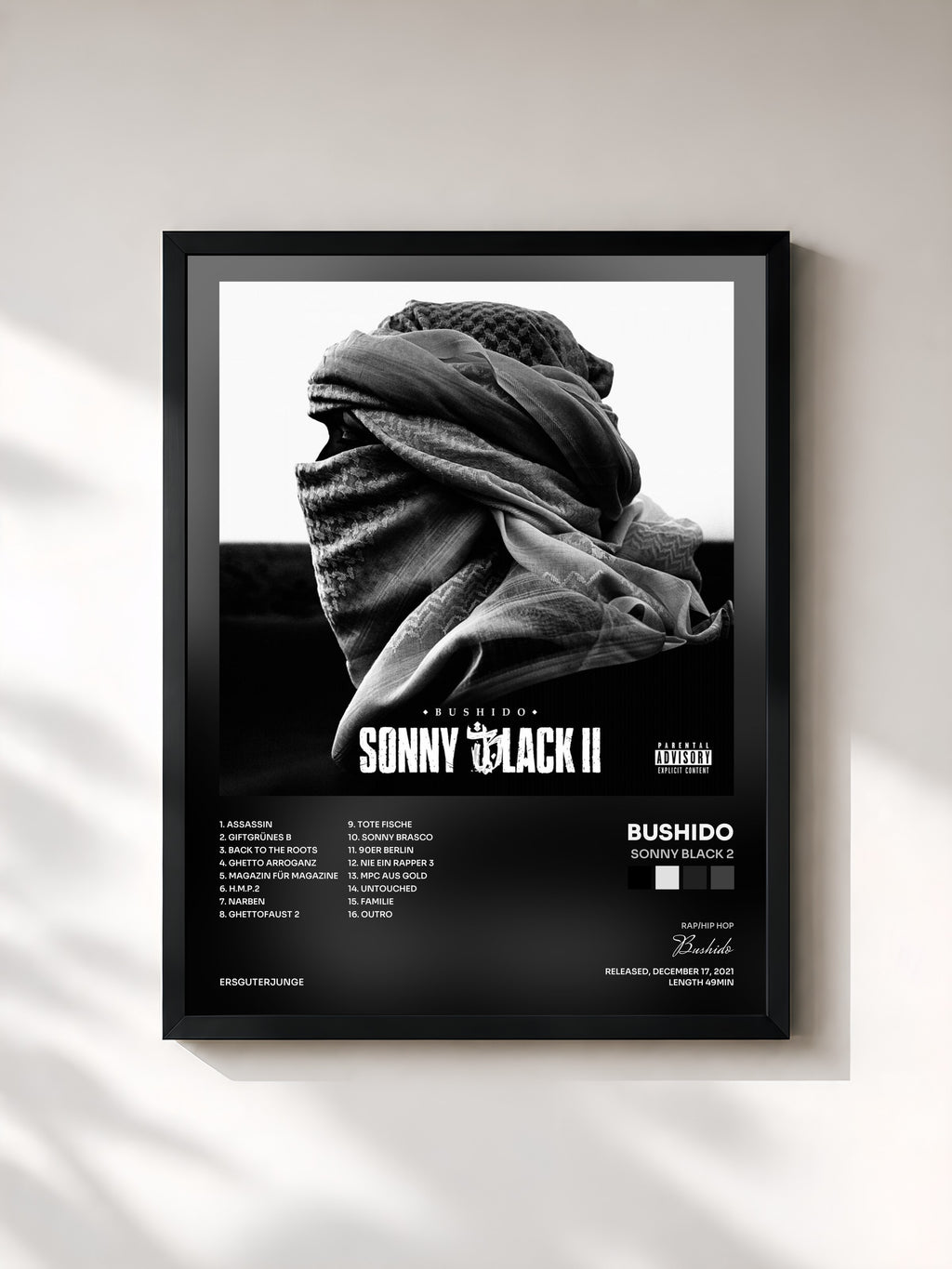 #noir Tableau de l'album Sonny Black 2 de Bushido, cadre noir, imprimé et encadré en France