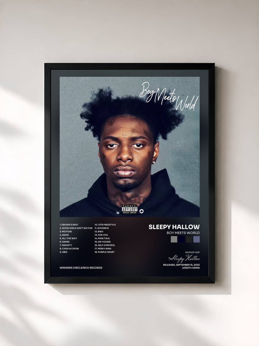#noir Tableau de l'album Boy Meets World de Sleepy Hallow, cadre noir, imprimé et encadré en France