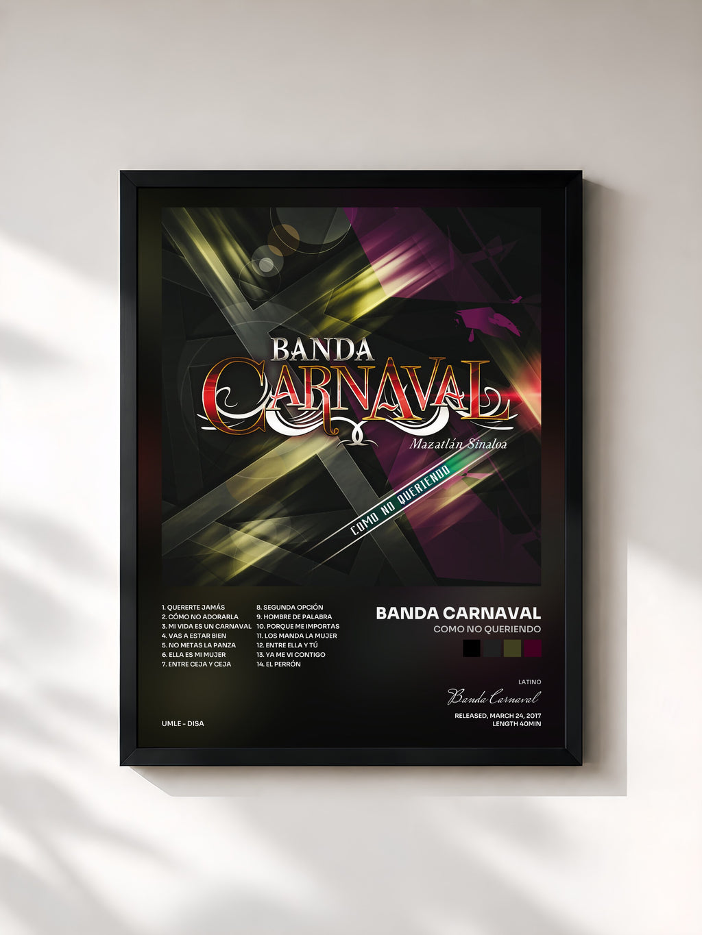 #noir Tableau de l'album Como No Queriendo de Banda Carnaval, cadre noir, imprimé et encadré en France