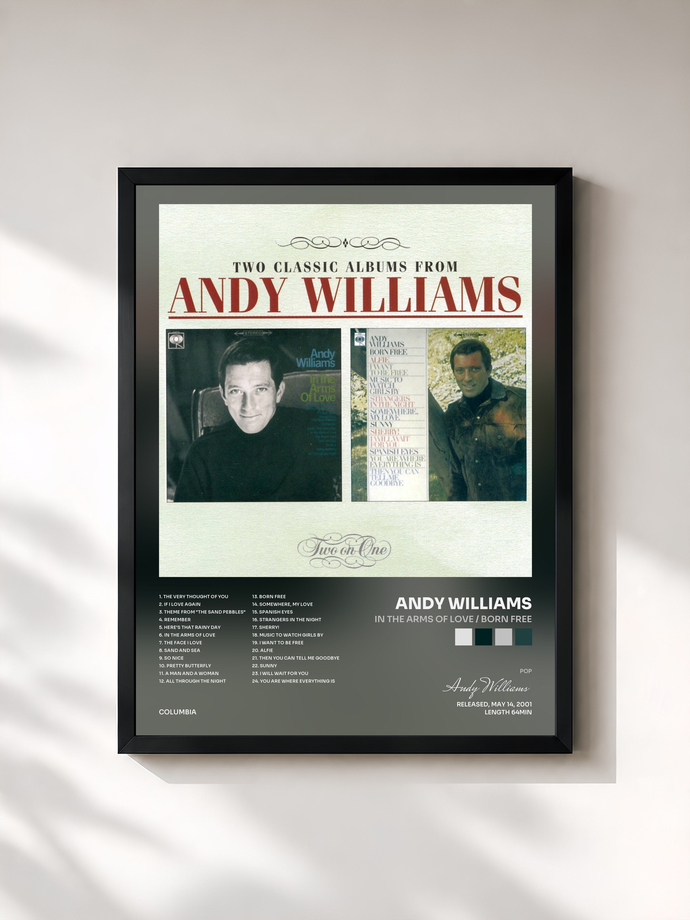 #noir Tableau de l'album In The Arms Of Love / Born Free de Andy Williams, cadre noir, imprimé et encadré en France