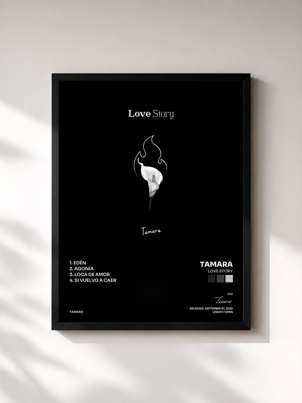 #noir Tableau de l'album Love Story de Tamara, cadre noir, imprimé et encadré en France