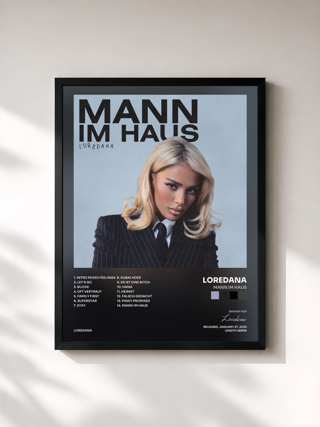 #noir Tableau de l'album MANN IM HAUS de Loredana, cadre noir, imprimé et encadré en France