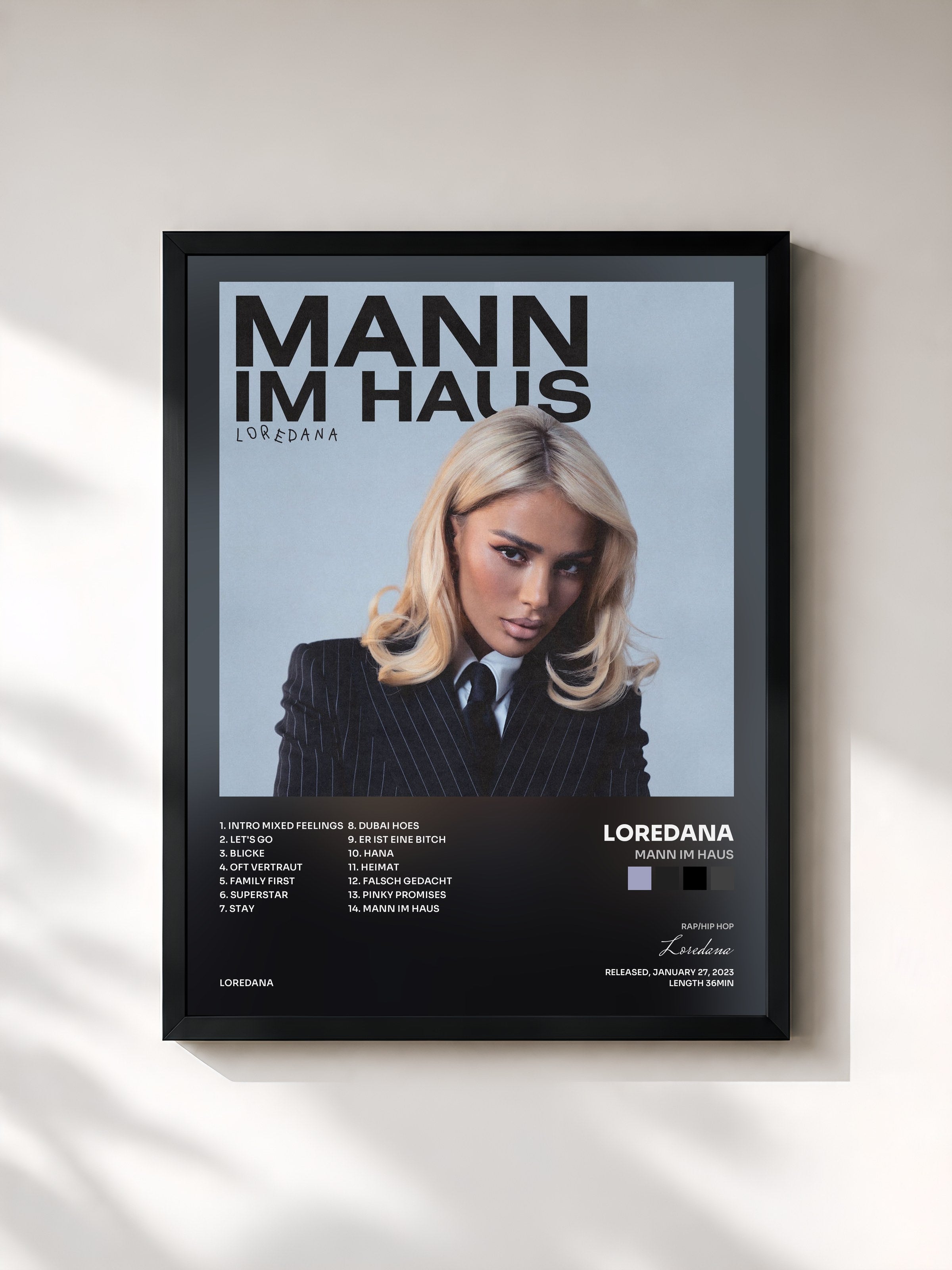 #noir Tableau de l'album MANN IM HAUS de Loredana, cadre noir, imprimé et encadré en France