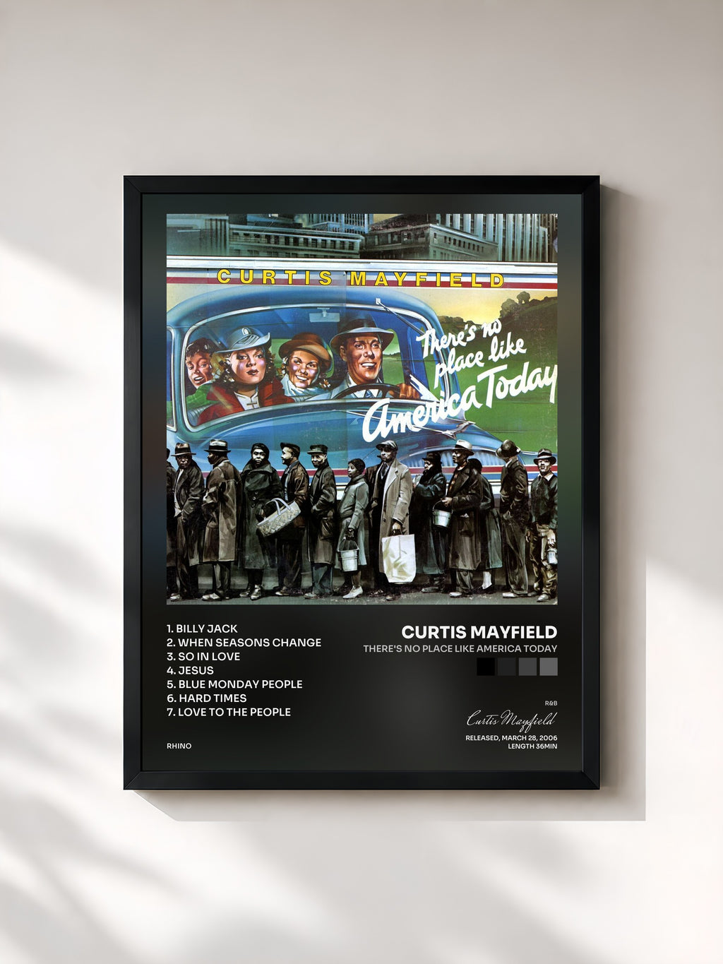 #noir Tableau de l'album There's No Place Like America Today de Curtis Mayfield, cadre noir, imprimé et encadré en France