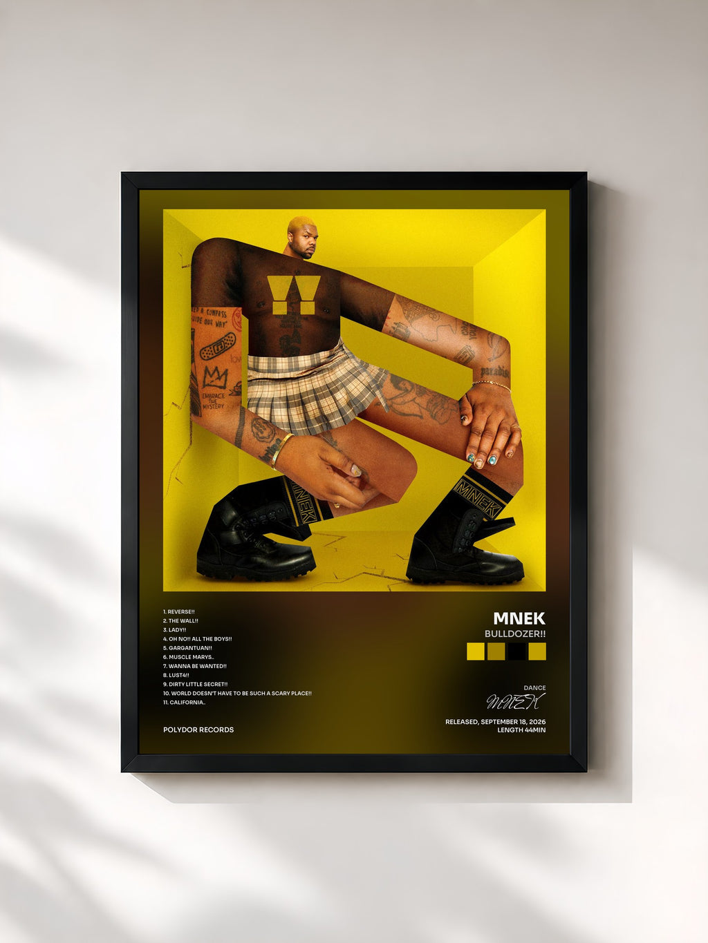 #noir Tableau de l'album BULLDOZER!! de MNEK, cadre noir, imprimé et encadré en France