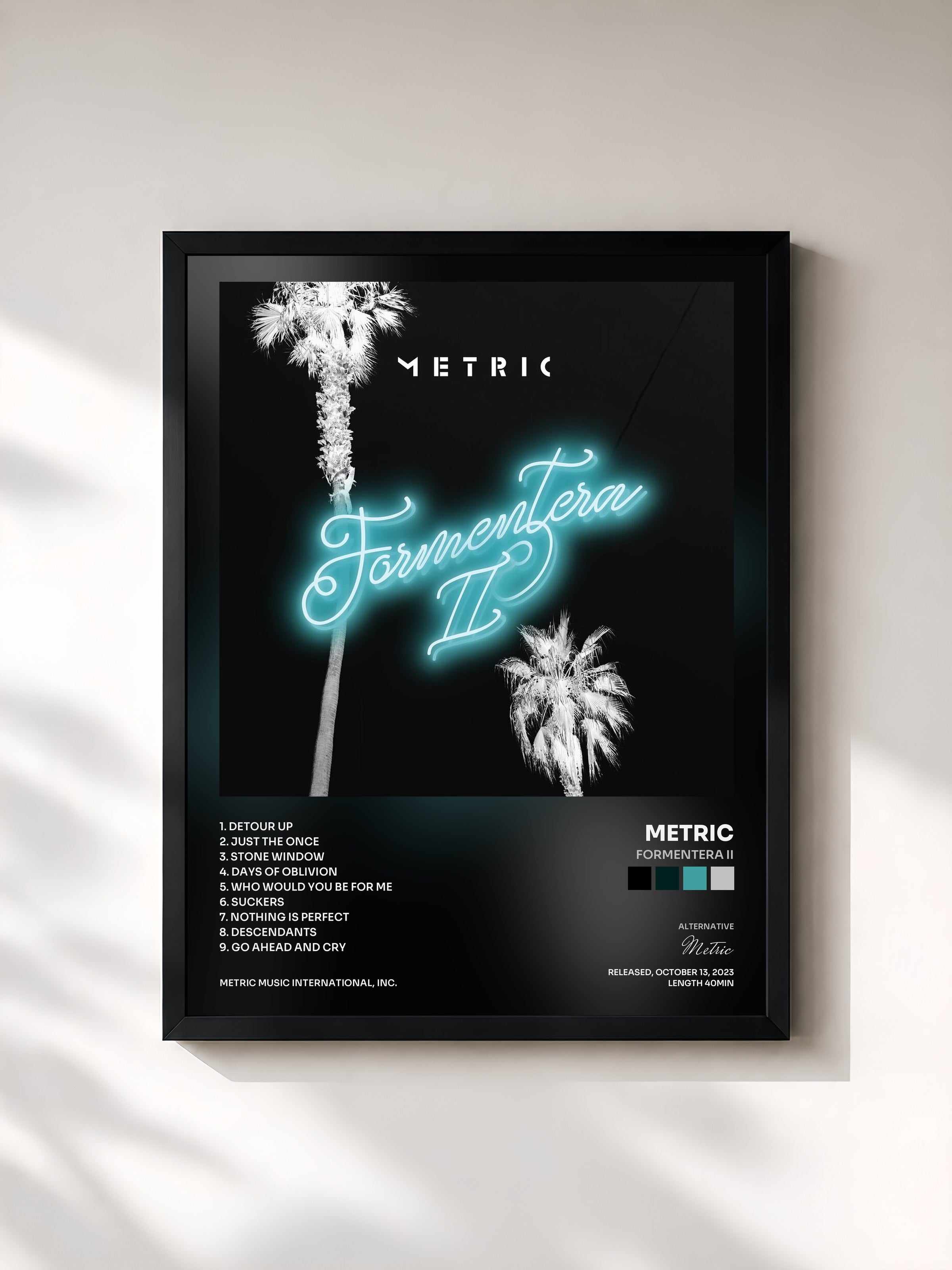 #noir Tableau de l'album Formentera II de Metric, cadre noir, imprimé et encadré en France