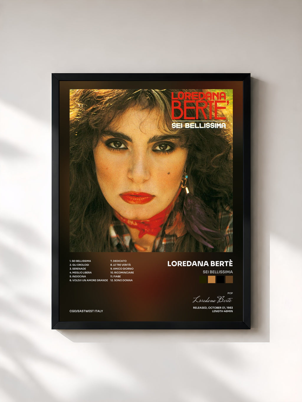 #noir Tableau de l'album Sei bellissima de Loredana Bertè, cadre noir, imprimé et encadré en France