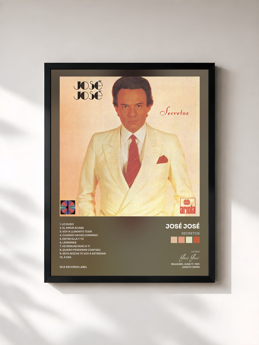 #noir Tableau de l'album Secretos de José José, cadre noir, imprimé et encadré en France