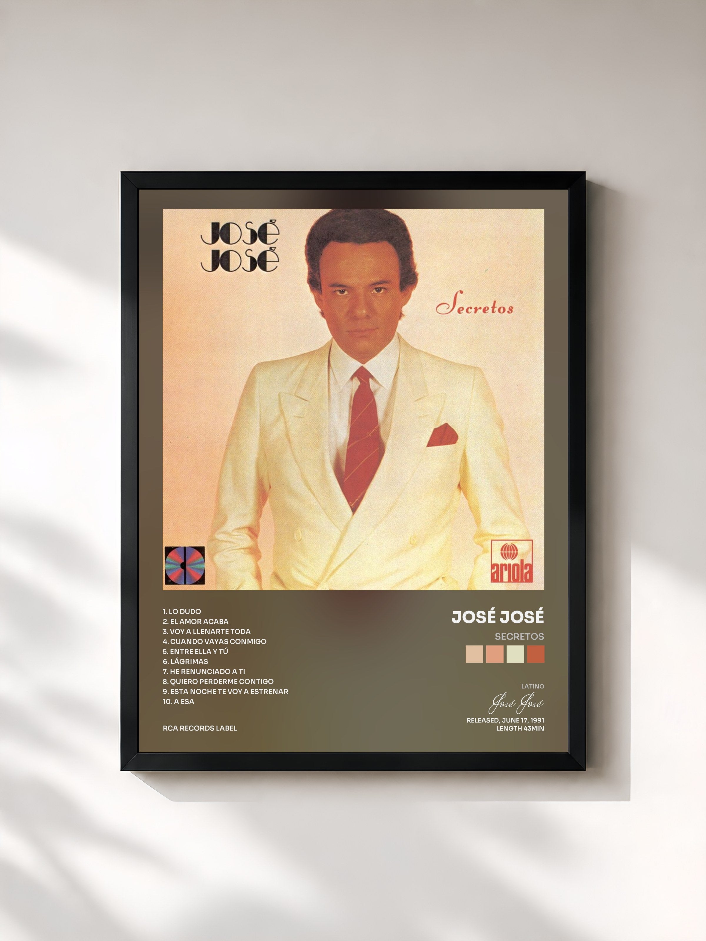 #noir Tableau de l'album Secretos de José José, cadre noir, imprimé et encadré en France