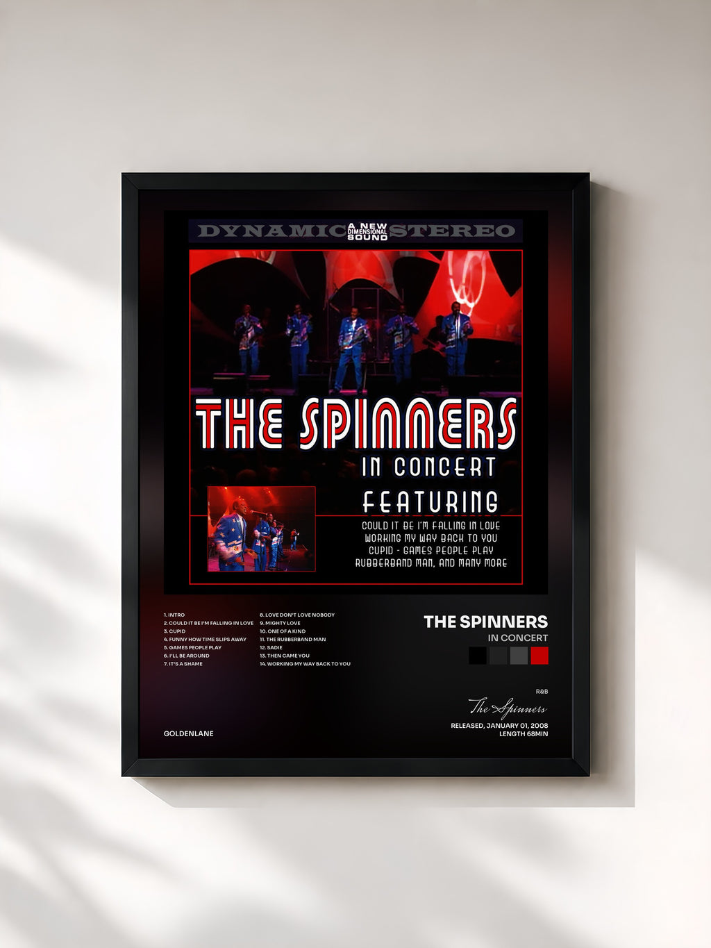 #noir Tableau de l'album In Concert de The Spinners, cadre noir, imprimé et encadré en France