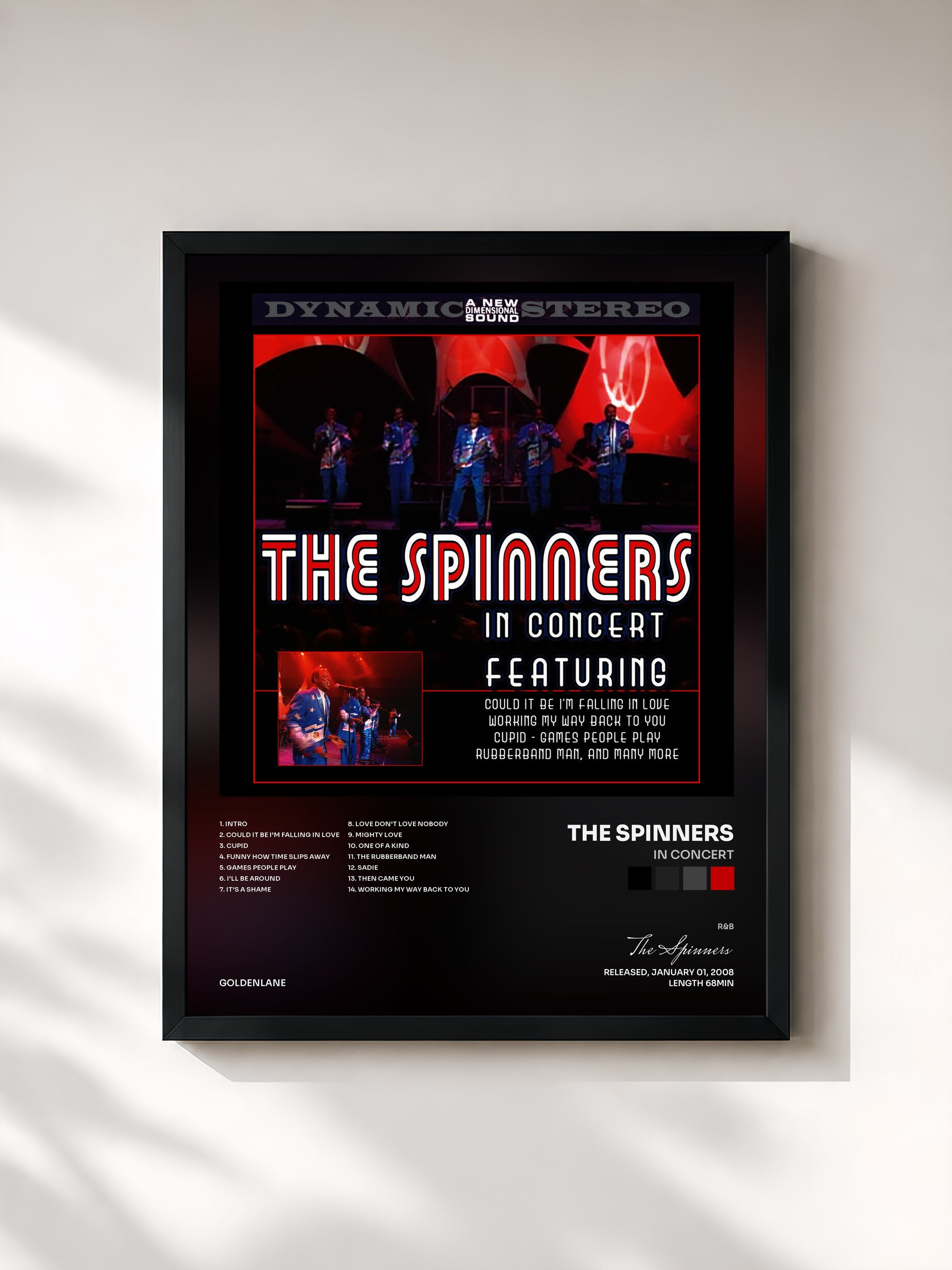 #noir Tableau de l'album In Concert de The Spinners, cadre noir, imprimé et encadré en France