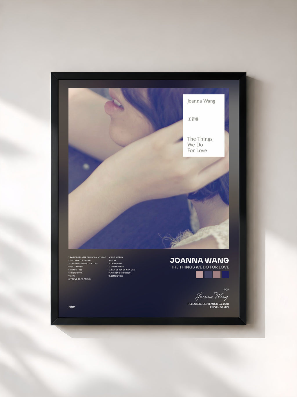 #noir Tableau de l'album The Things We Do for Love de Joanna Wang, cadre noir, imprimé et encadré en France
