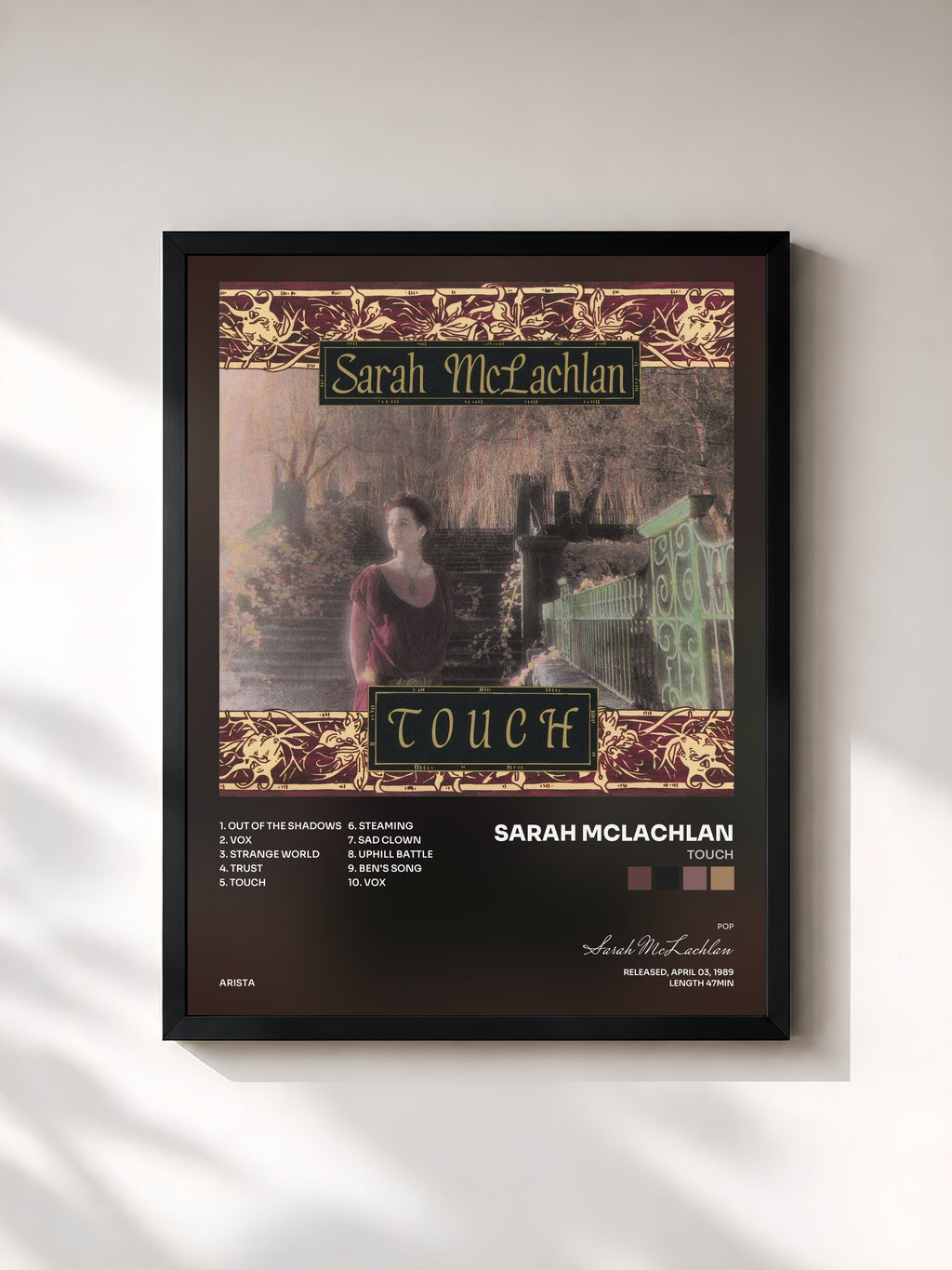 #noir Tableau de l'album Touch de Sarah McLachlan, cadre noir, imprimé et encadré en France