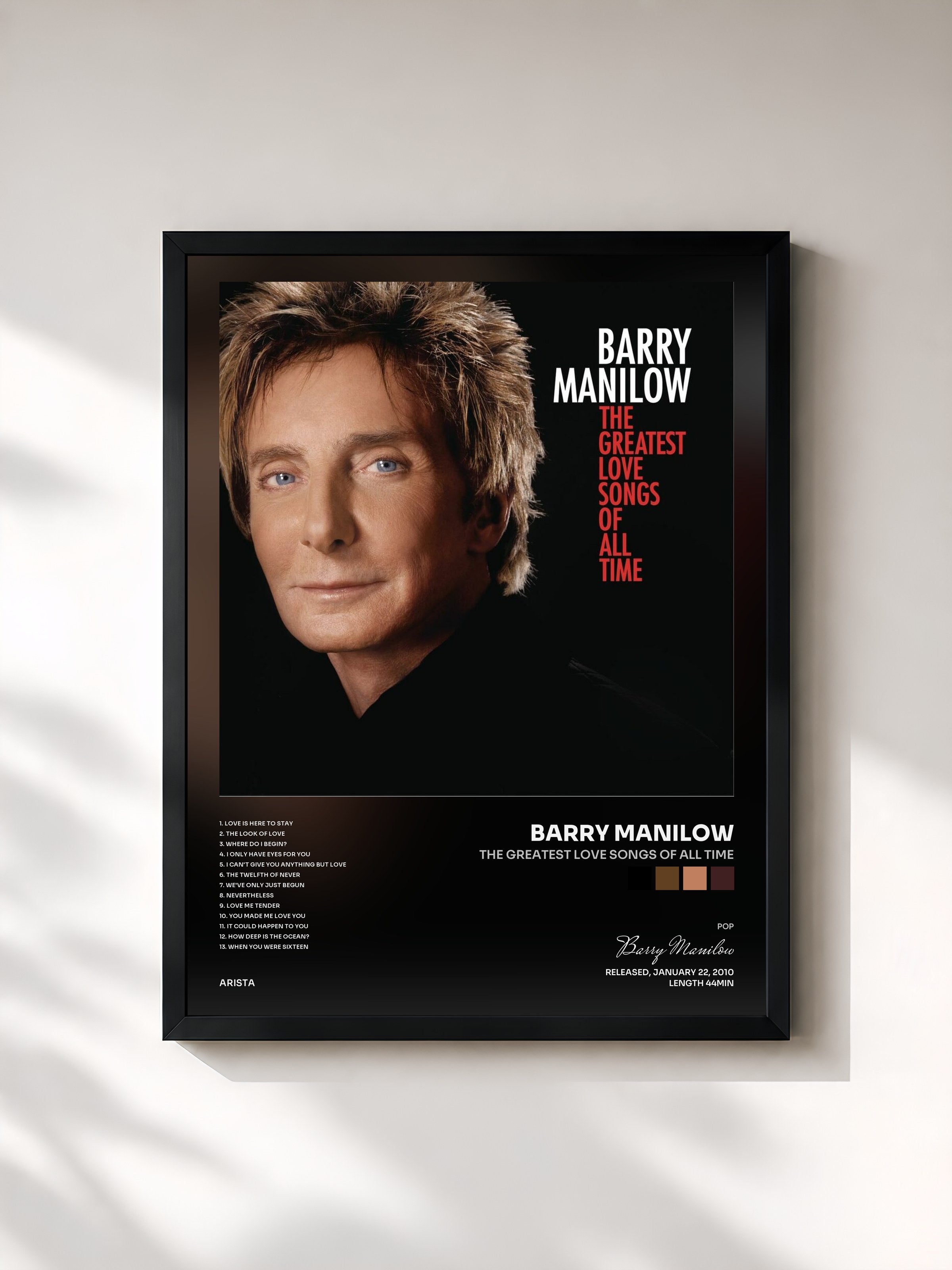 #noir Tableau de l'album The Greatest Love Songs Of All Time de Barry Manilow, cadre noir, imprimé et encadré en France