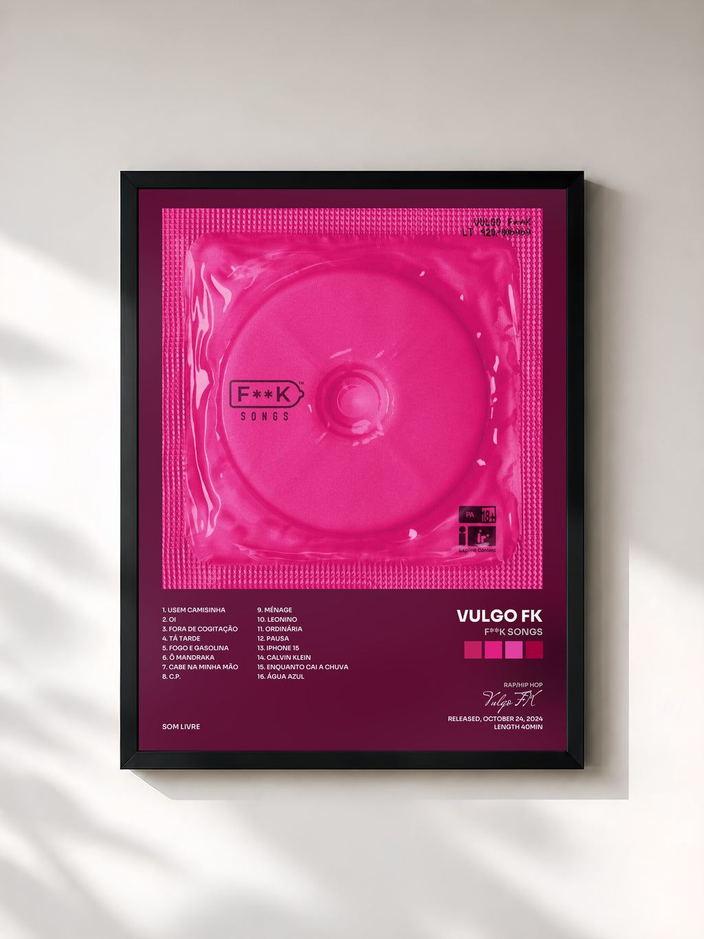 #noir Tableau de l'album F**K SONGS de Vulgo FK, cadre noir, imprimé et encadré en France