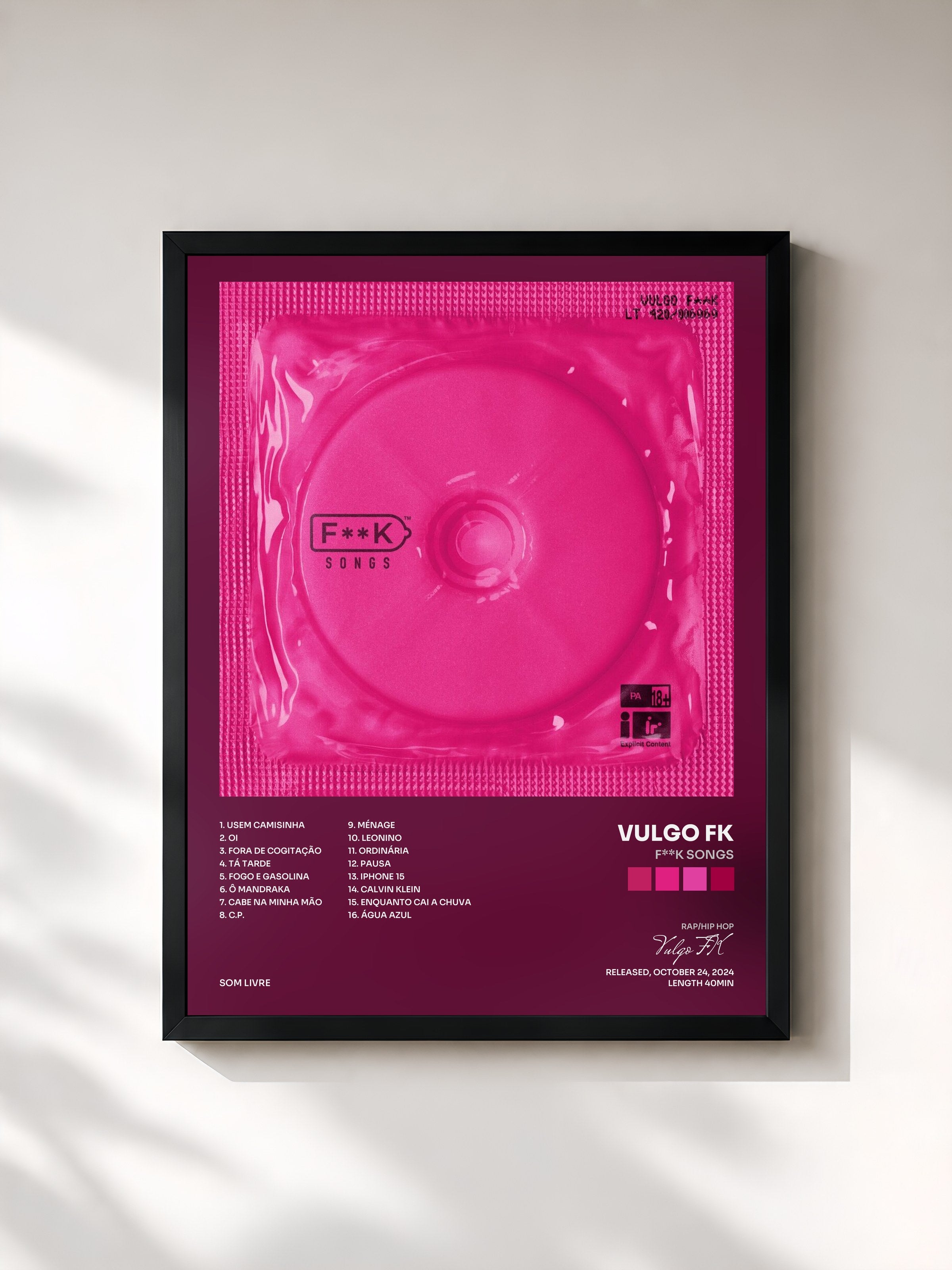 #noir Tableau de l'album F**K SONGS de Vulgo FK, cadre noir, imprimé et encadré en France