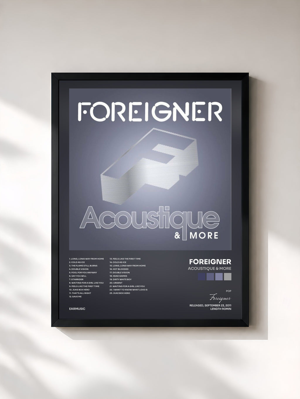 #noir Tableau de l'album Acoustique & More de Foreigner, cadre noir, imprimé et encadré en France