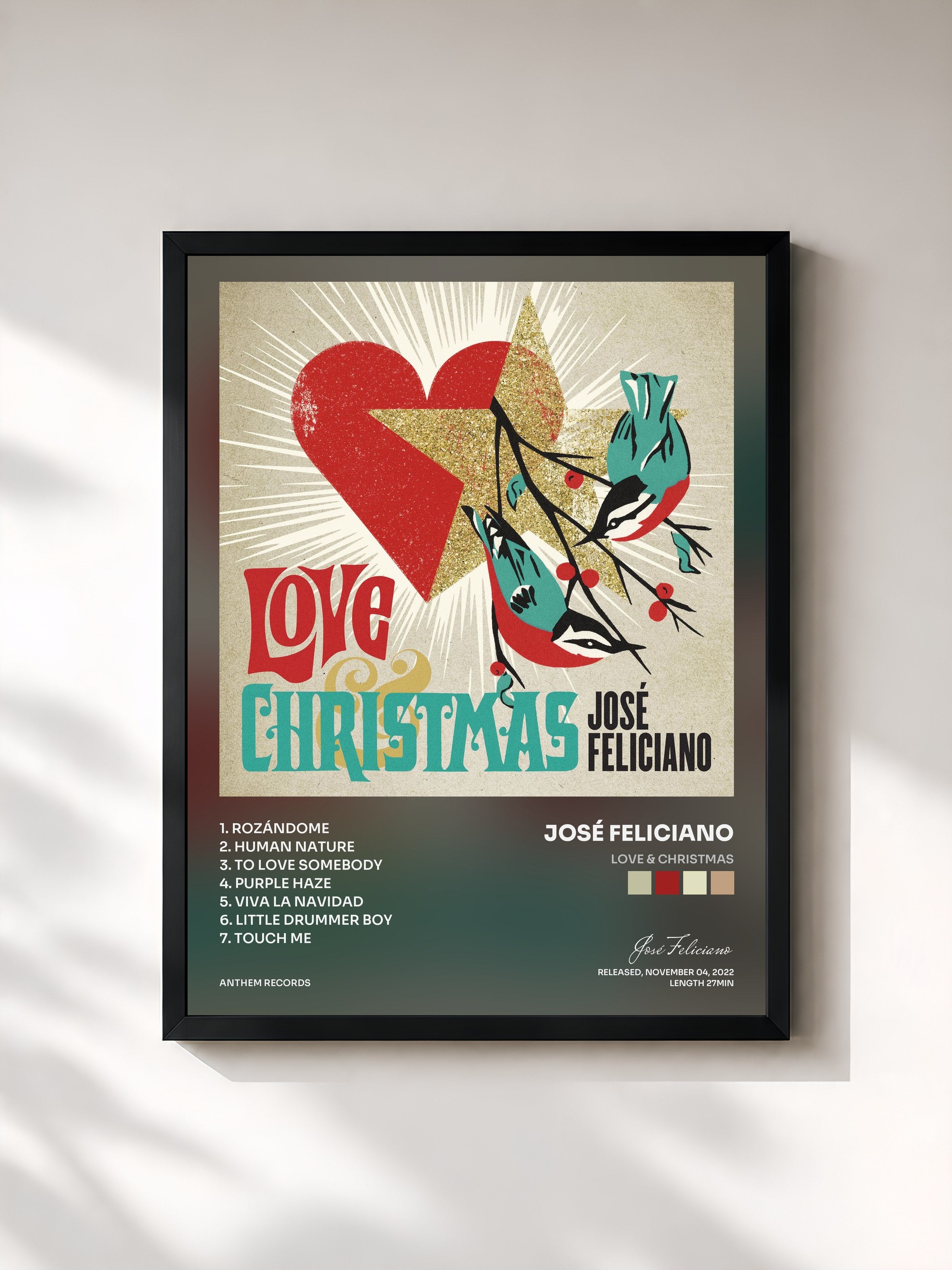 #noir Tableau de l'album Love & Christmas de José Feliciano, cadre noir, imprimé et encadré en France