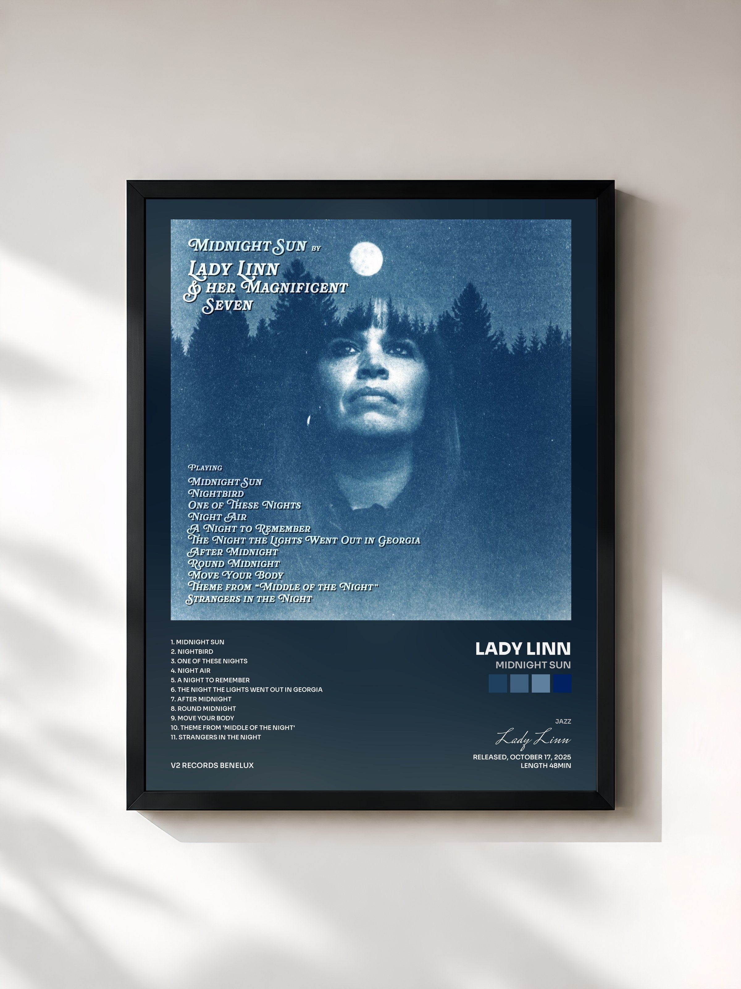 #noir Tableau de l'album Midnight Sun de Lady Linn, cadre noir, imprimé et encadré en France