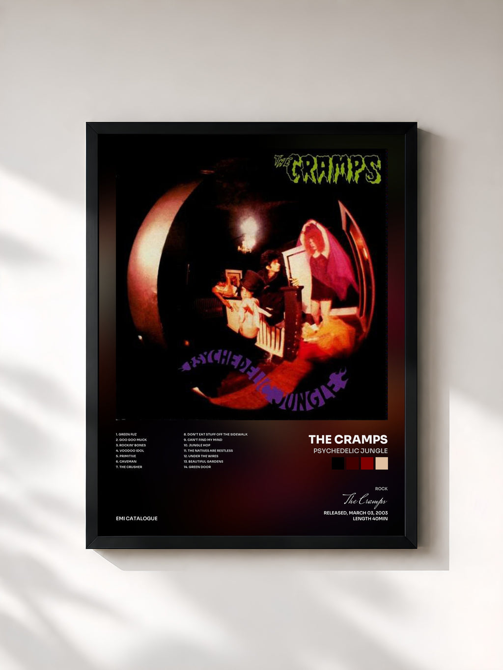 #noir Tableau de l'album Psychedelic Jungle de The Cramps, cadre noir, imprimé et encadré en France