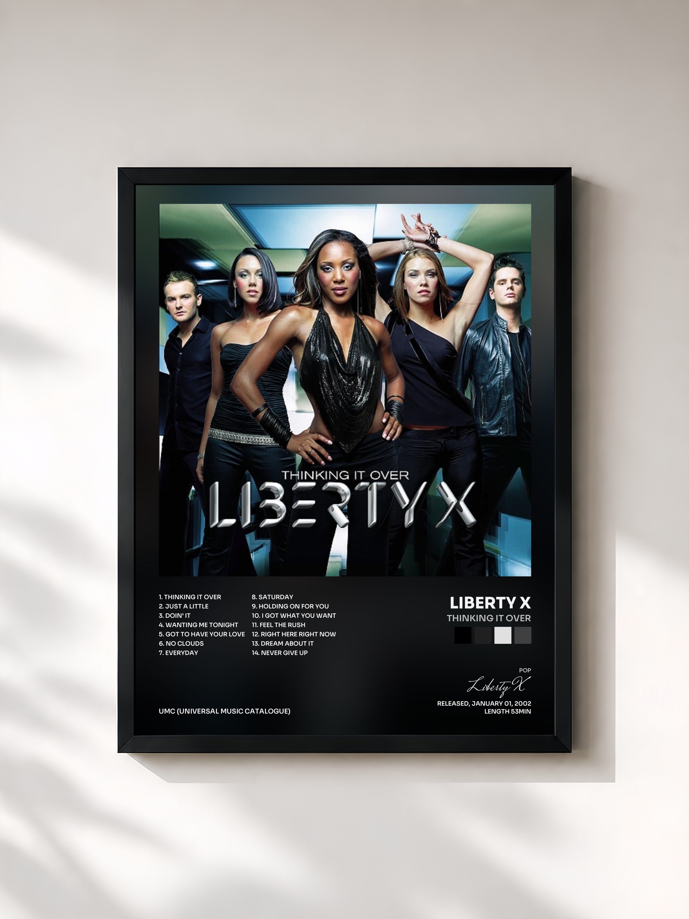 #noir Tableau de l'album Thinking It Over de Liberty X, cadre noir, imprimé et encadré en France