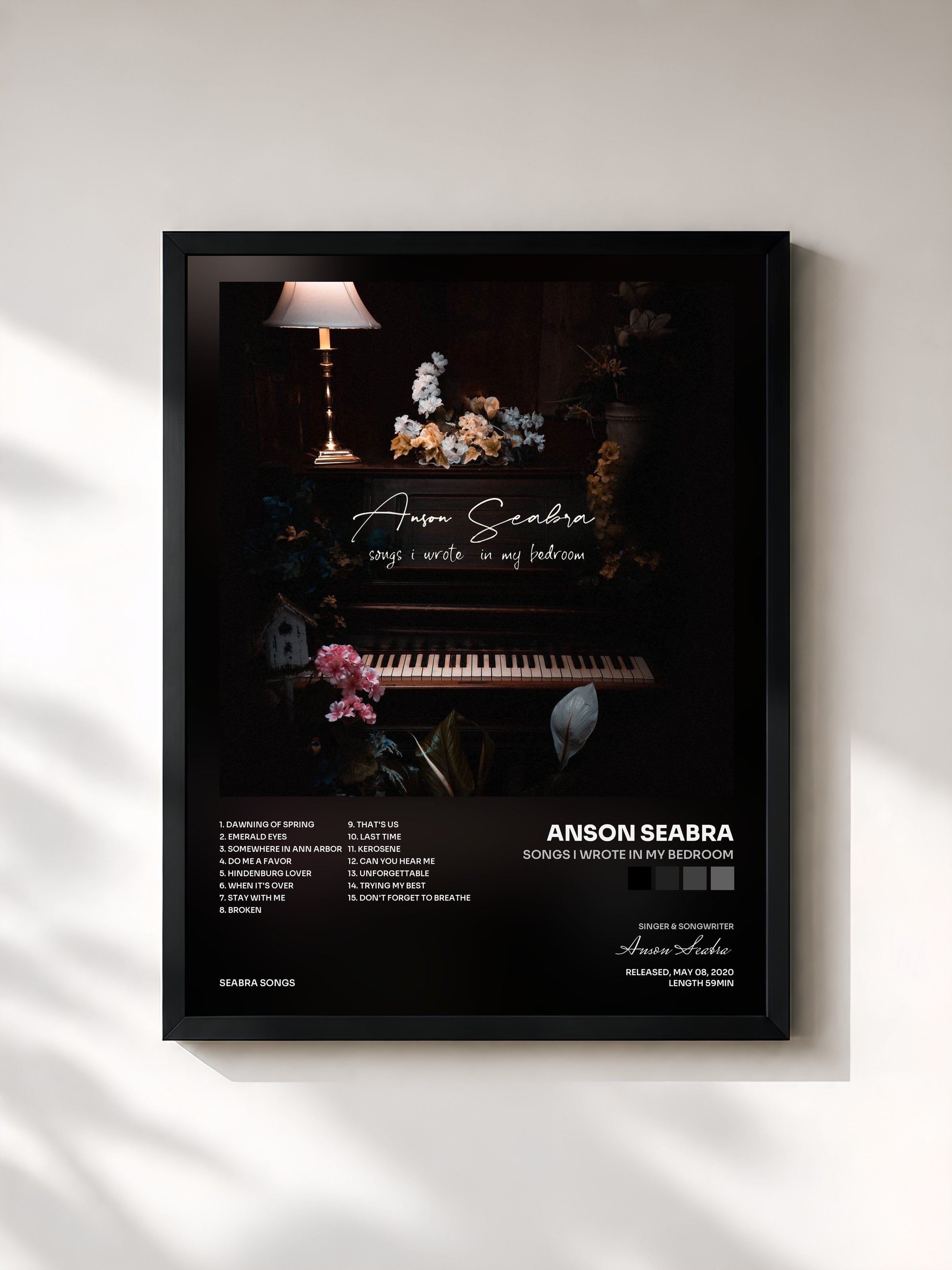 #noir Tableau de l'album Songs I Wrote in My Bedroom de Anson Seabra, cadre noir, imprimé et encadré en France