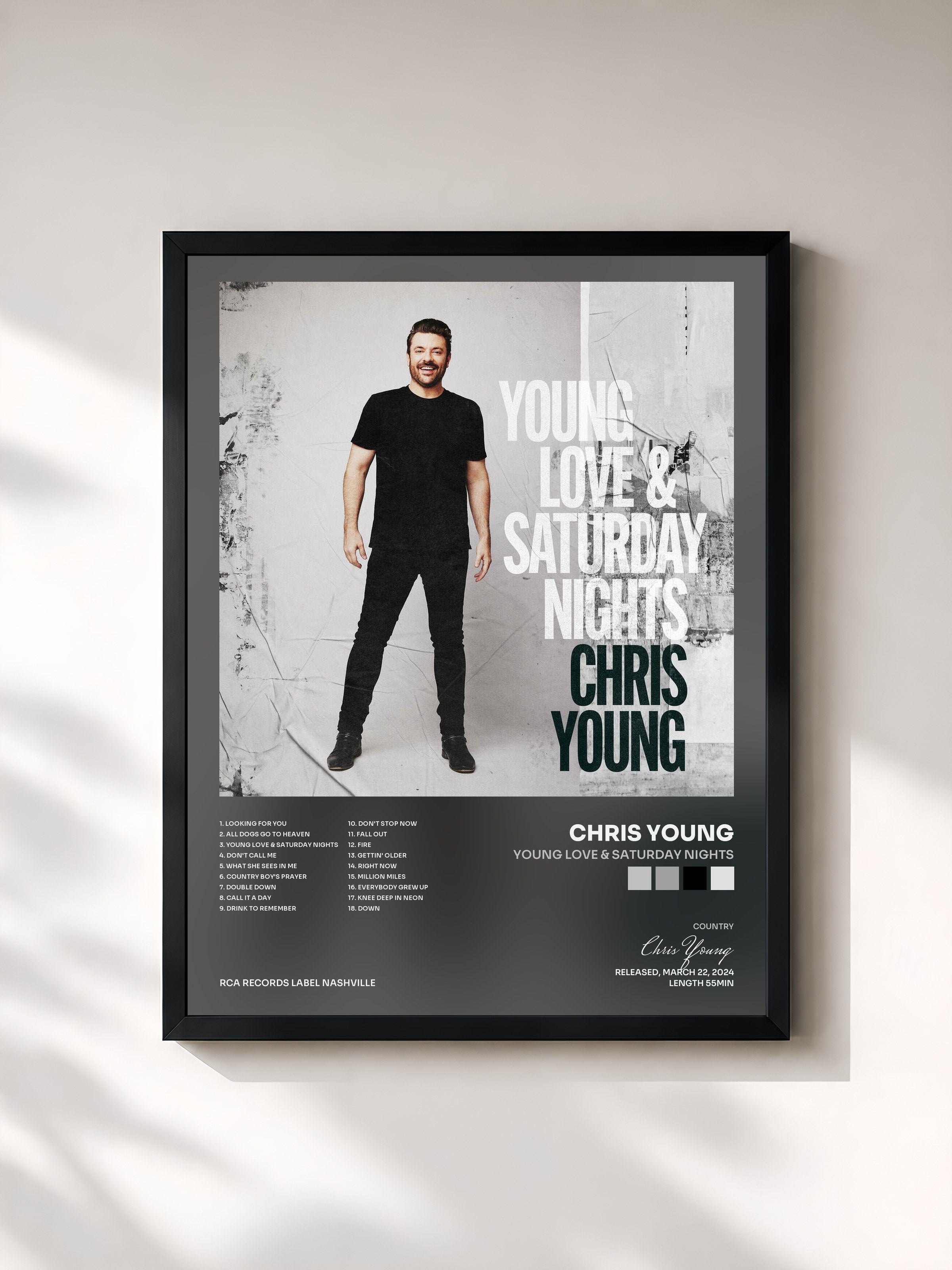 #noir Tableau de l'album Young Love & Saturday Nights de Chris Young, cadre noir, imprimé et encadré en France