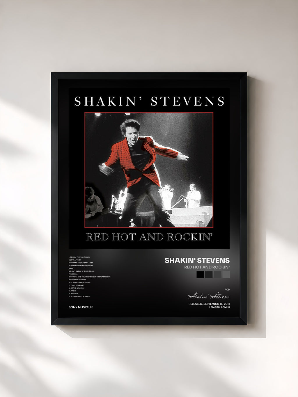#noir Tableau de l'album Red Hot and Rockin' de Shakin' Stevens, cadre noir, imprimé et encadré en France